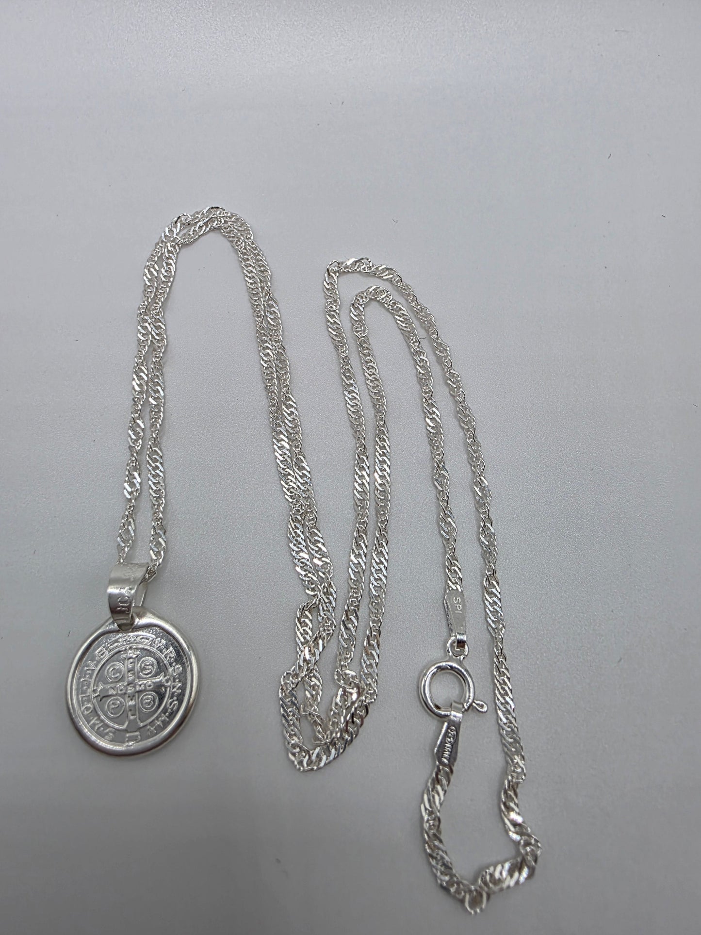 925 Sterling Silver 2mm Singapore Chain with 13mm Saint Benedict Pendant..