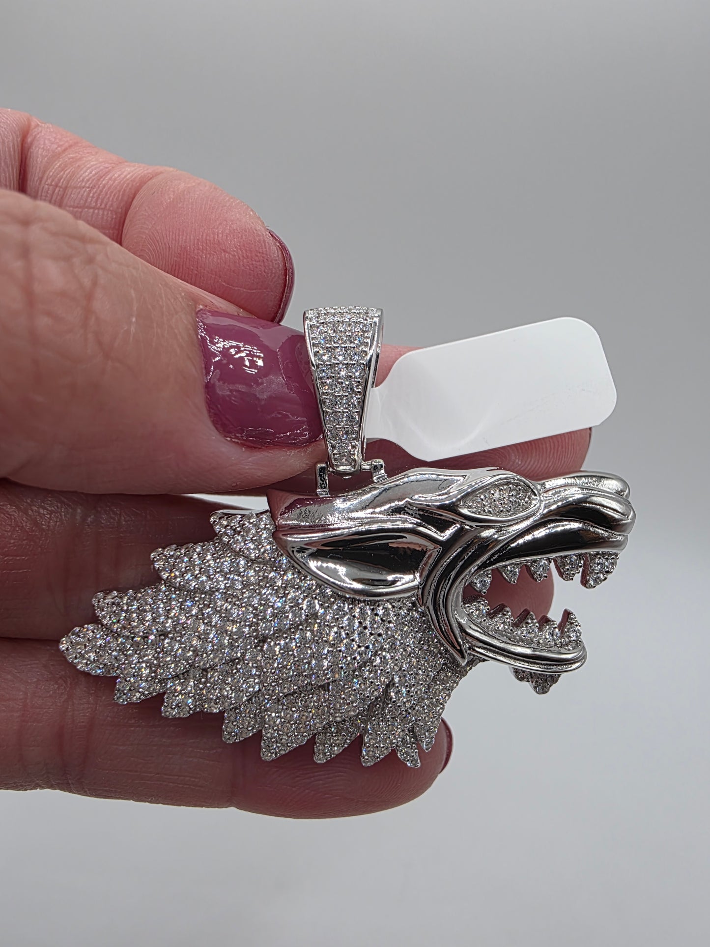 Rhodium Plated 925 Sterling Silver CZ Wolf Hip Hop Pendant..