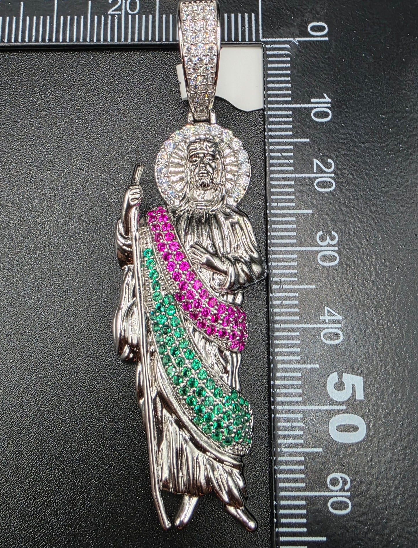 925 Sterling Silver Multi Color CZ St Jude Hip Hop Pendant..