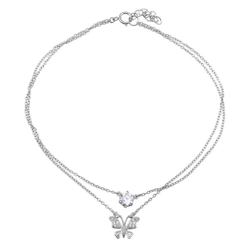 925 Sterling Silver Anklet with Butterfly and CZ