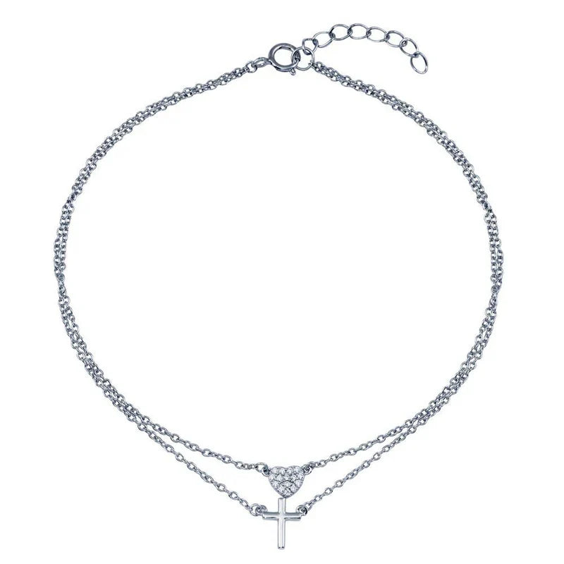 925 Sterling Silver Double Row CZ Heart Cross Anklet