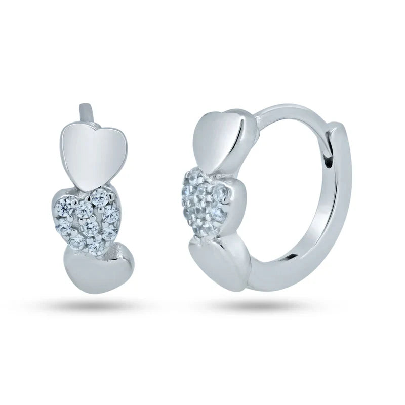 925 Sterling Silver Pave Huggie Hearts Hoop Earrings