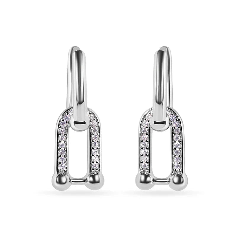 925 Sterling Silver Round Bow Paperclip Clear CZ Necklace and Hoop Earring Matching Set