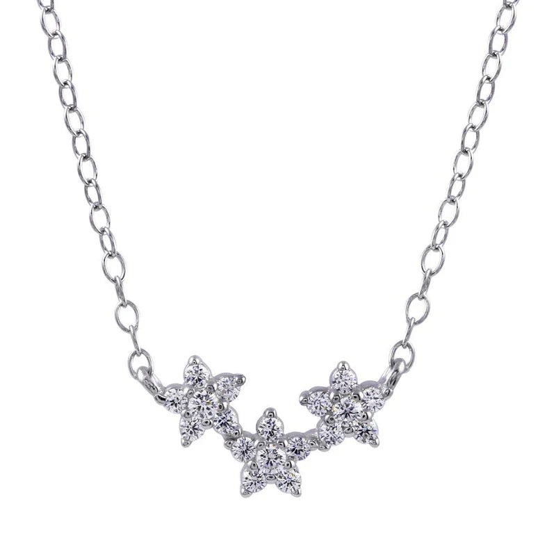 925 Sterling Silver CZ Triple Flower Necklace..