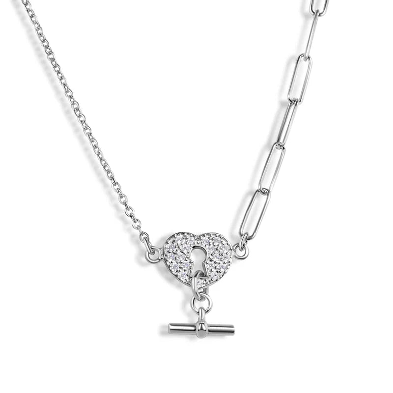 925 Sterling Silver Paperclip Rolo Chains Heart Center Necklace