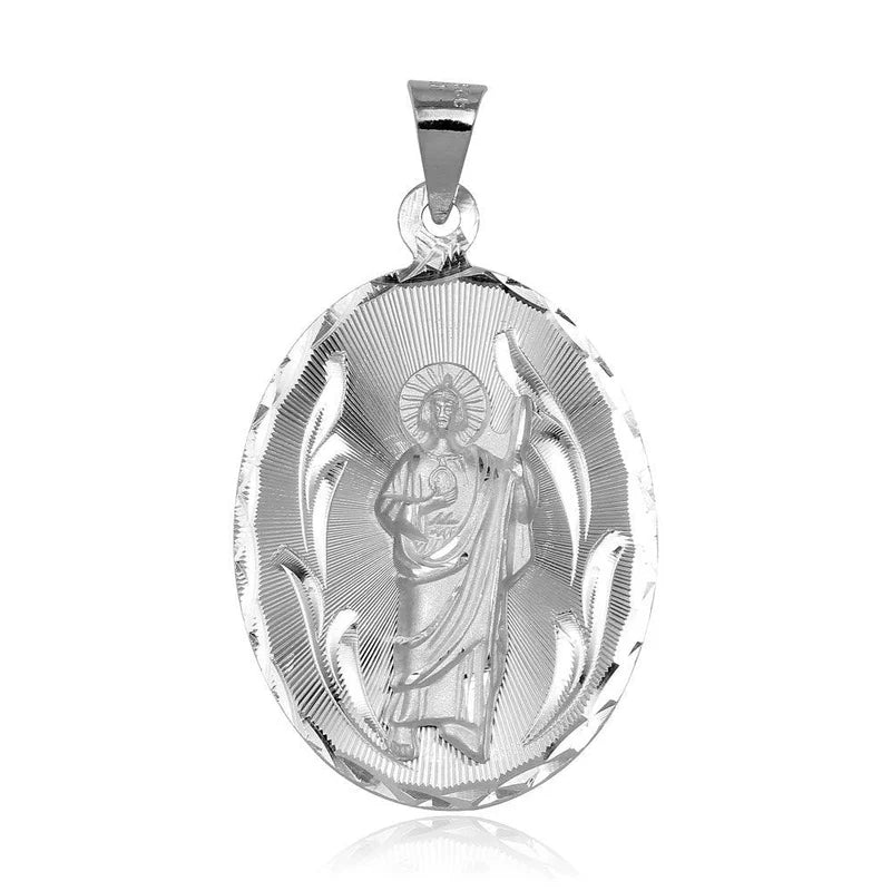 925 Sterling Silver High-Polished Oval St. Jude Medallion Pendant..