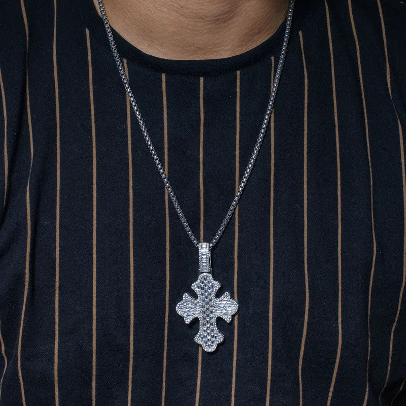 925 Sterling Silver 52.6mm Fleur De Lis Cross Baguette Cut Clear CZ Pendant..