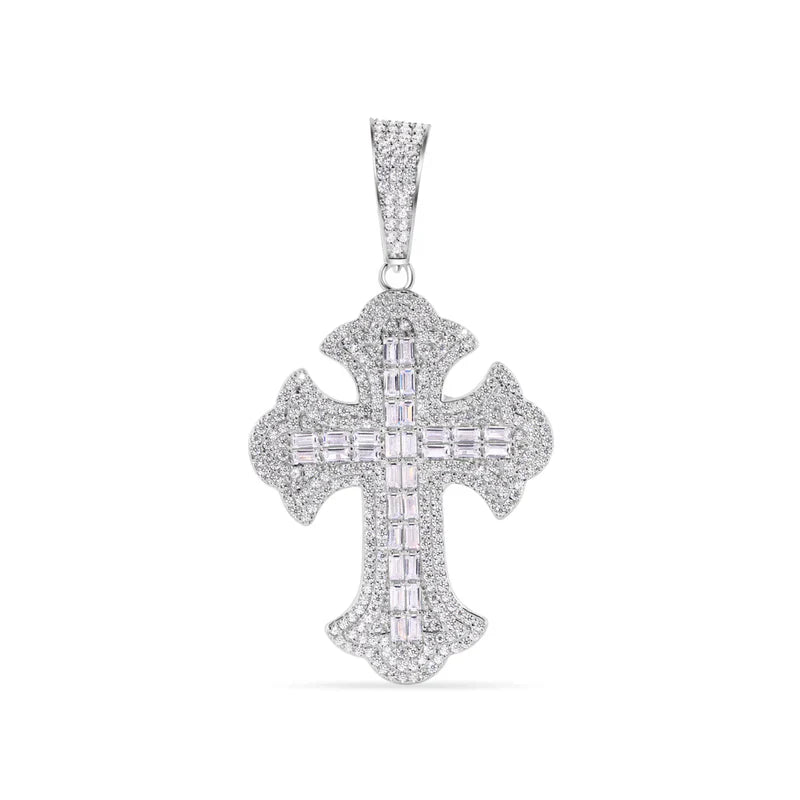925 Sterling Silver 43.8mm Fleur De Lis Cross Baguette Cut Clear CZ Pendant..