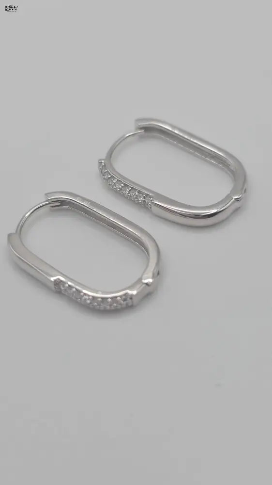 Rhodium 925 Sterling Silver CZ Oval Hoop Earrings Earrings