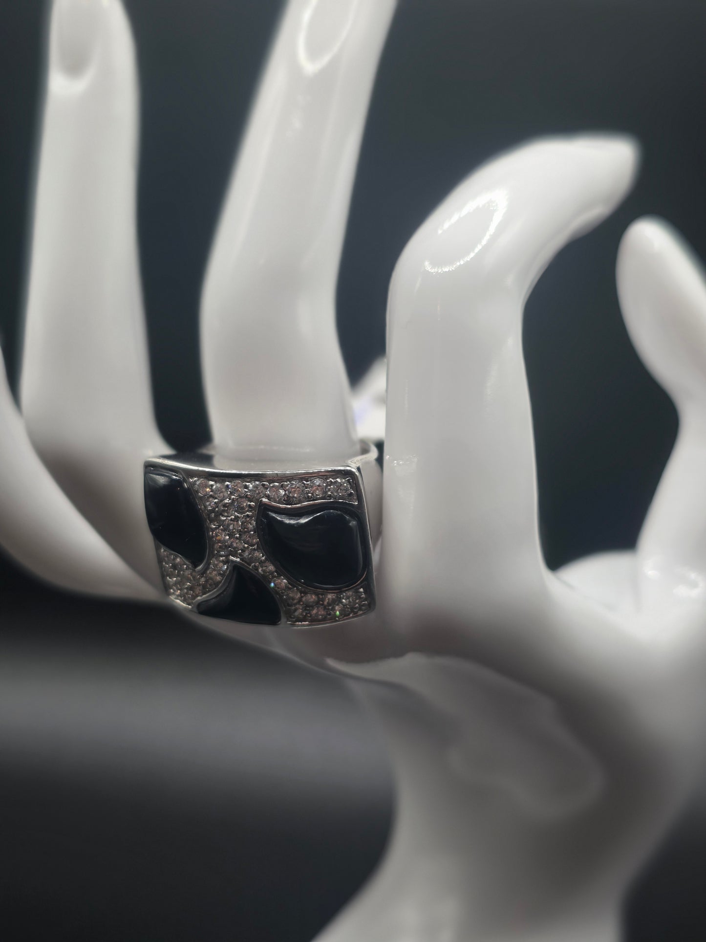 925 Sterling Silver Black Onyx Clear Pave Set CZ Square Ring