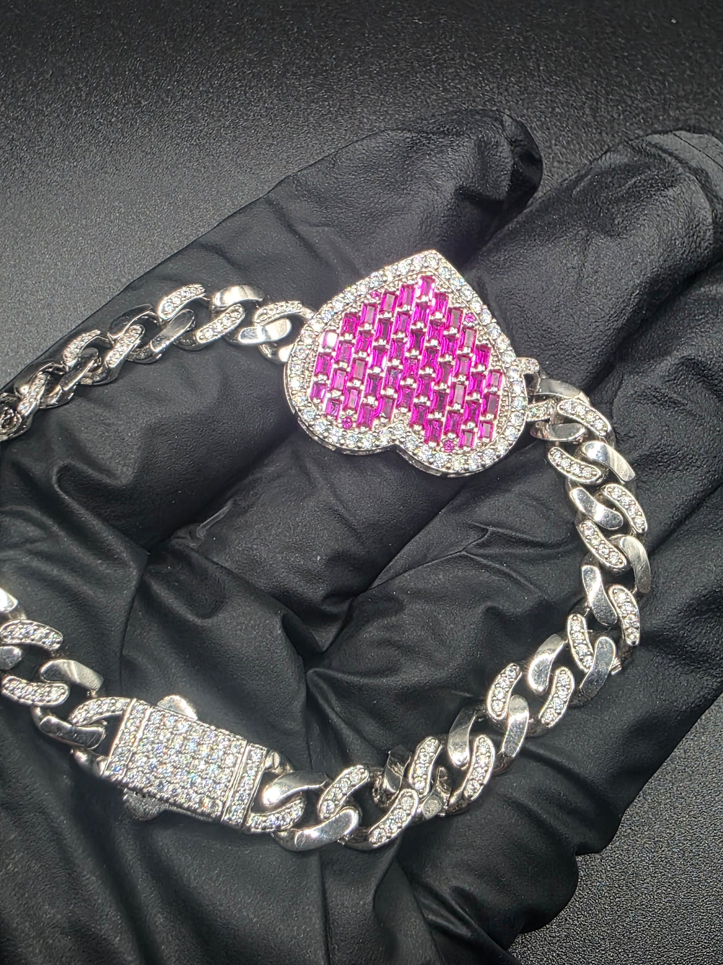 6.4MM 925 Sterling Silver Heart Baguette Pink and Round Clear CZ Studded Bracelet