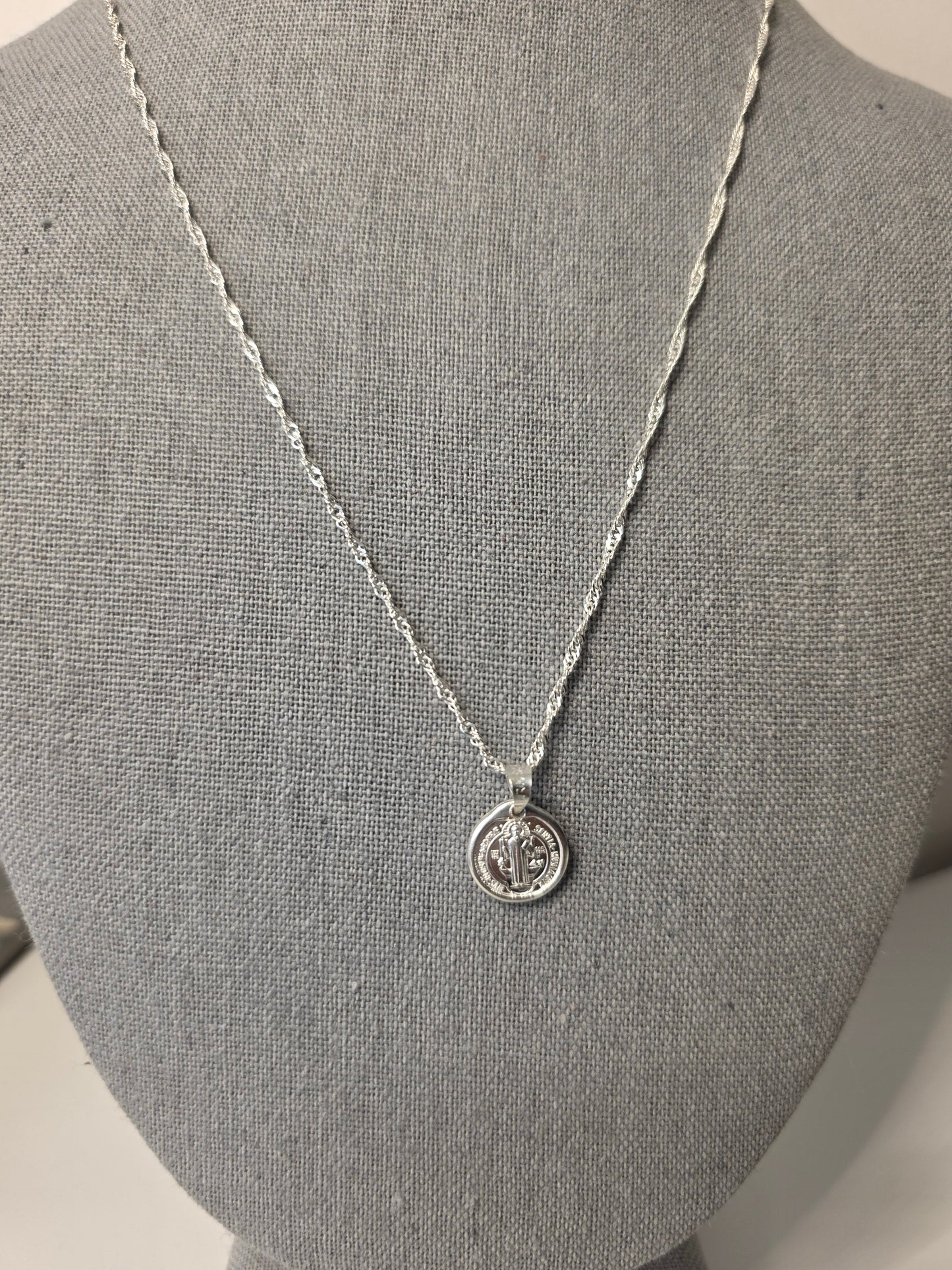 925 Sterling Silver 2mm Singapore Chain with 13mm Saint Benedict Pendant..