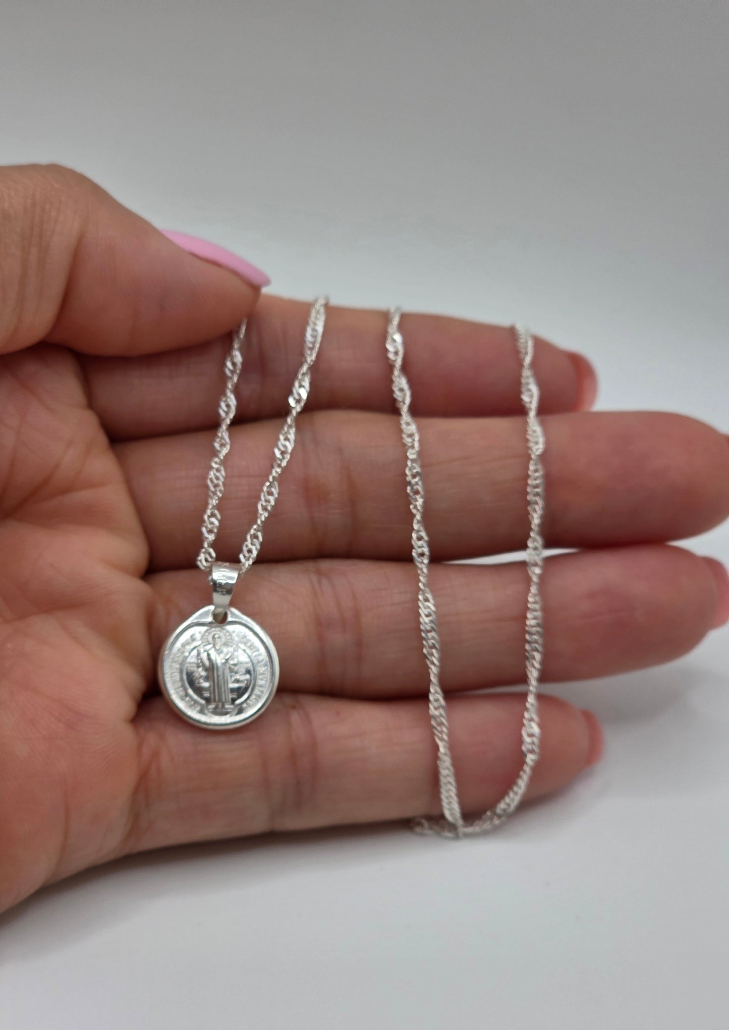 925 Sterling Silver 2mm Singapore Chain with 13mm Saint Benedict Pendant..