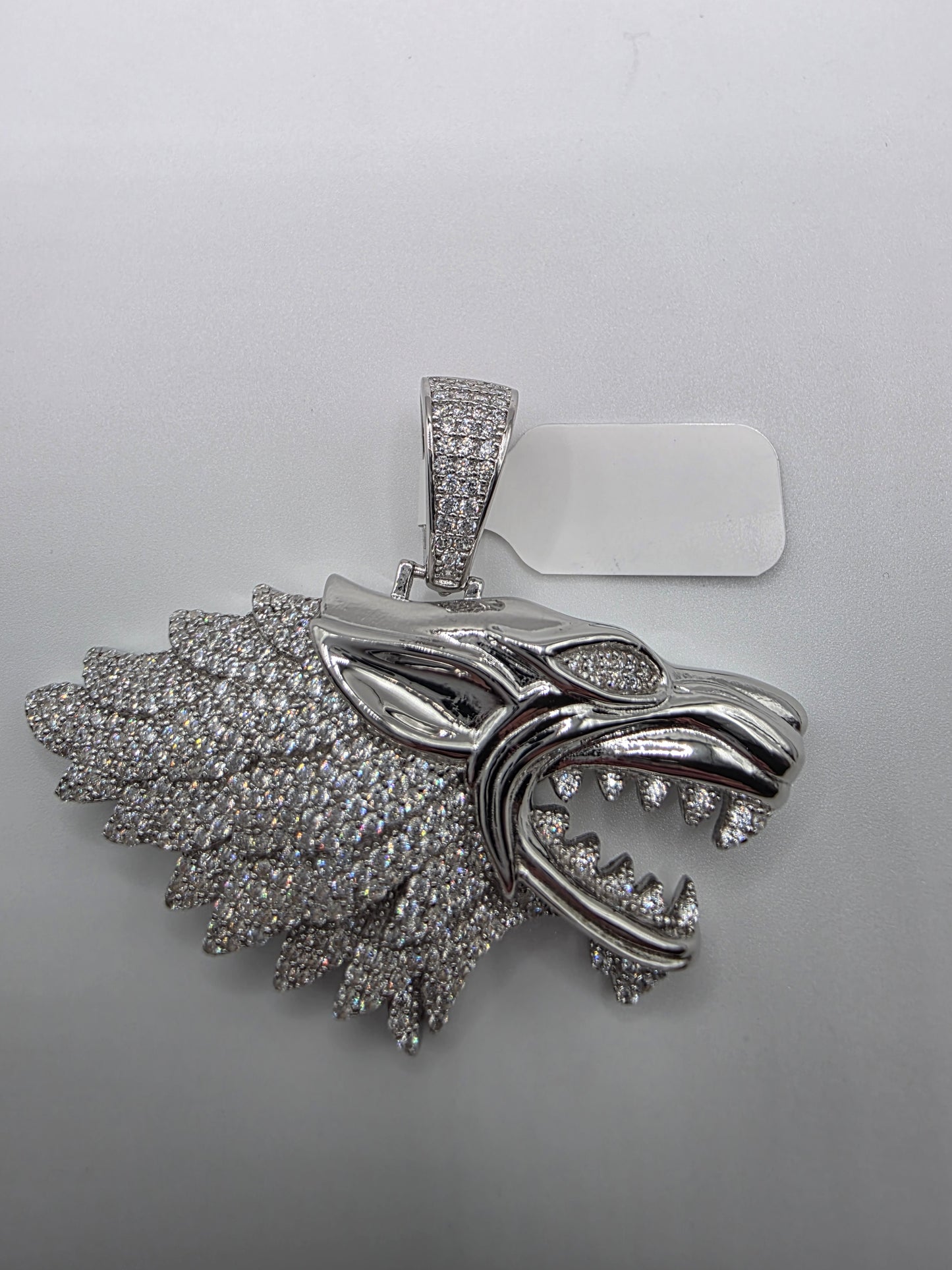 Rhodium Plated 925 Sterling Silver CZ Wolf Hip Hop Pendant..