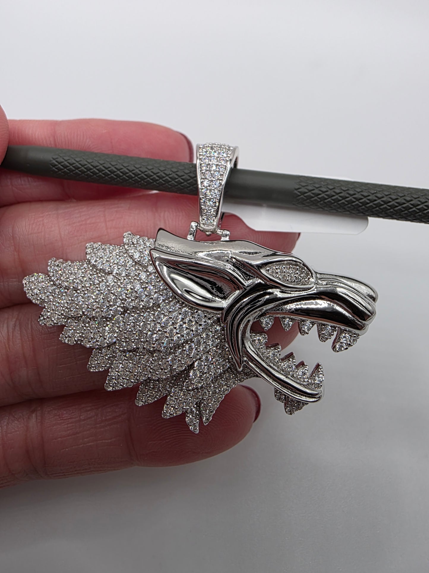 Rhodium Plated 925 Sterling Silver CZ Wolf Hip Hop Pendant..