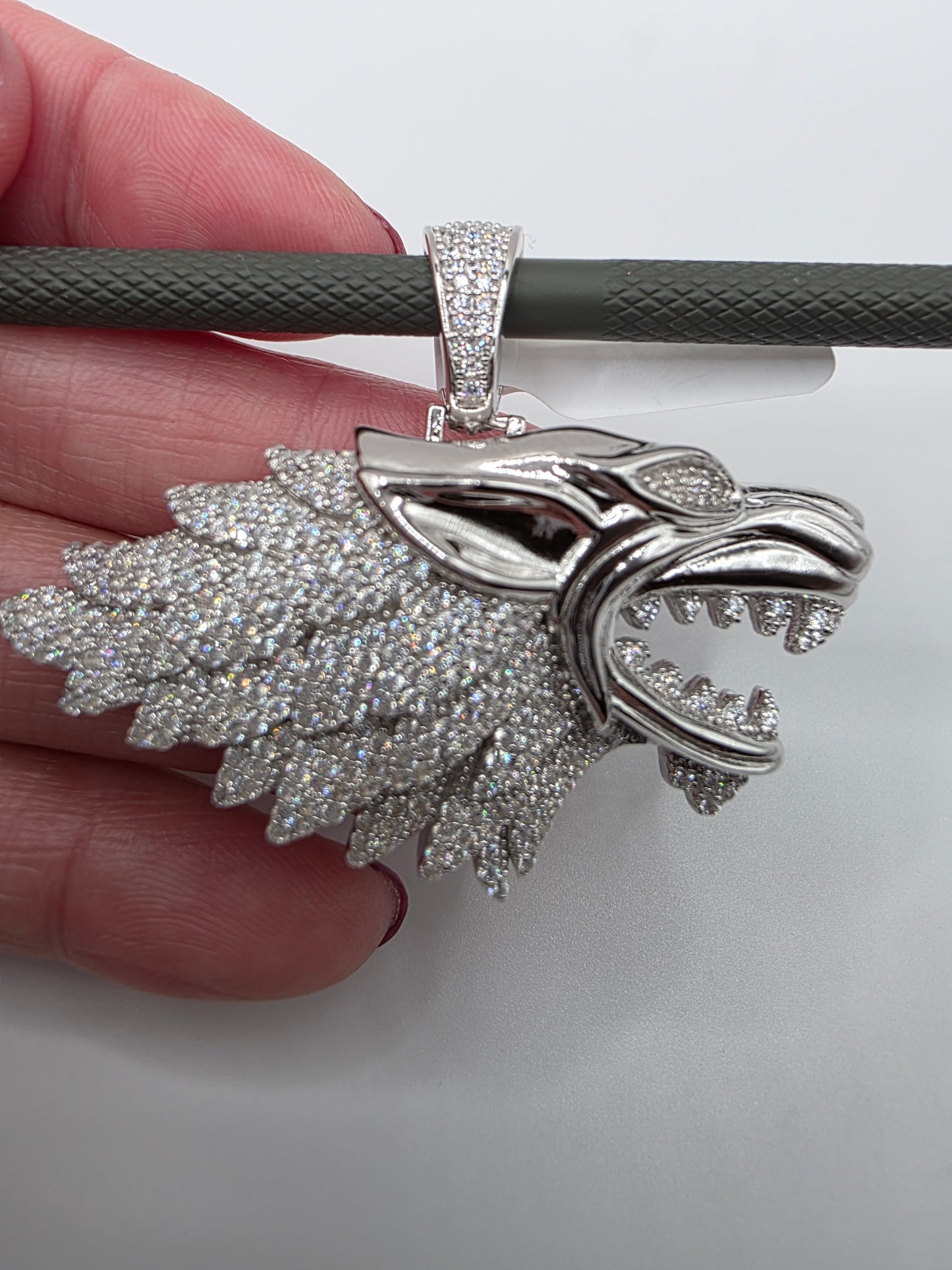 Rhodium Plated 925 Sterling Silver CZ Wolf Hip Hop Pendant..