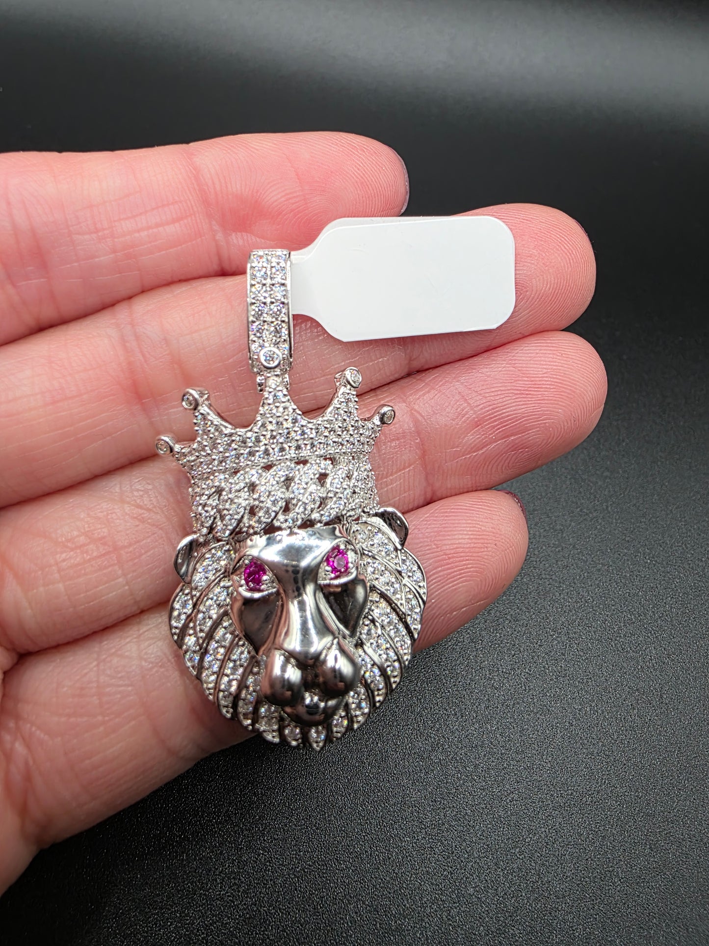 925 Sterling Silver Crown Lion CZ Pendant..