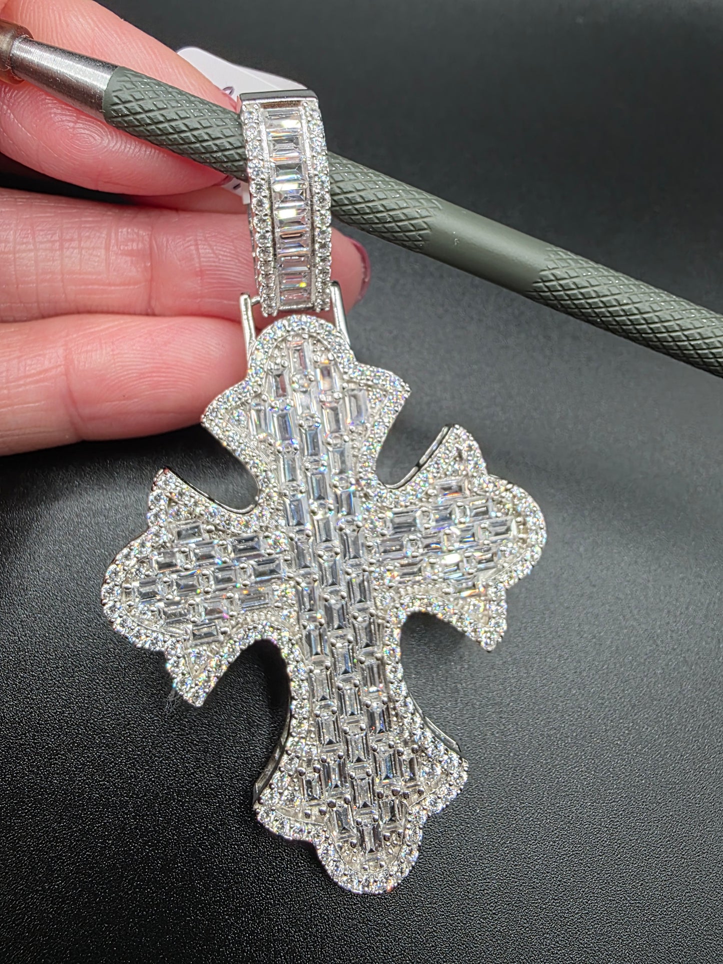 925 Sterling Silver 52.6mm Fleur De Lis Cross Baguette Cut Clear CZ Pendant..