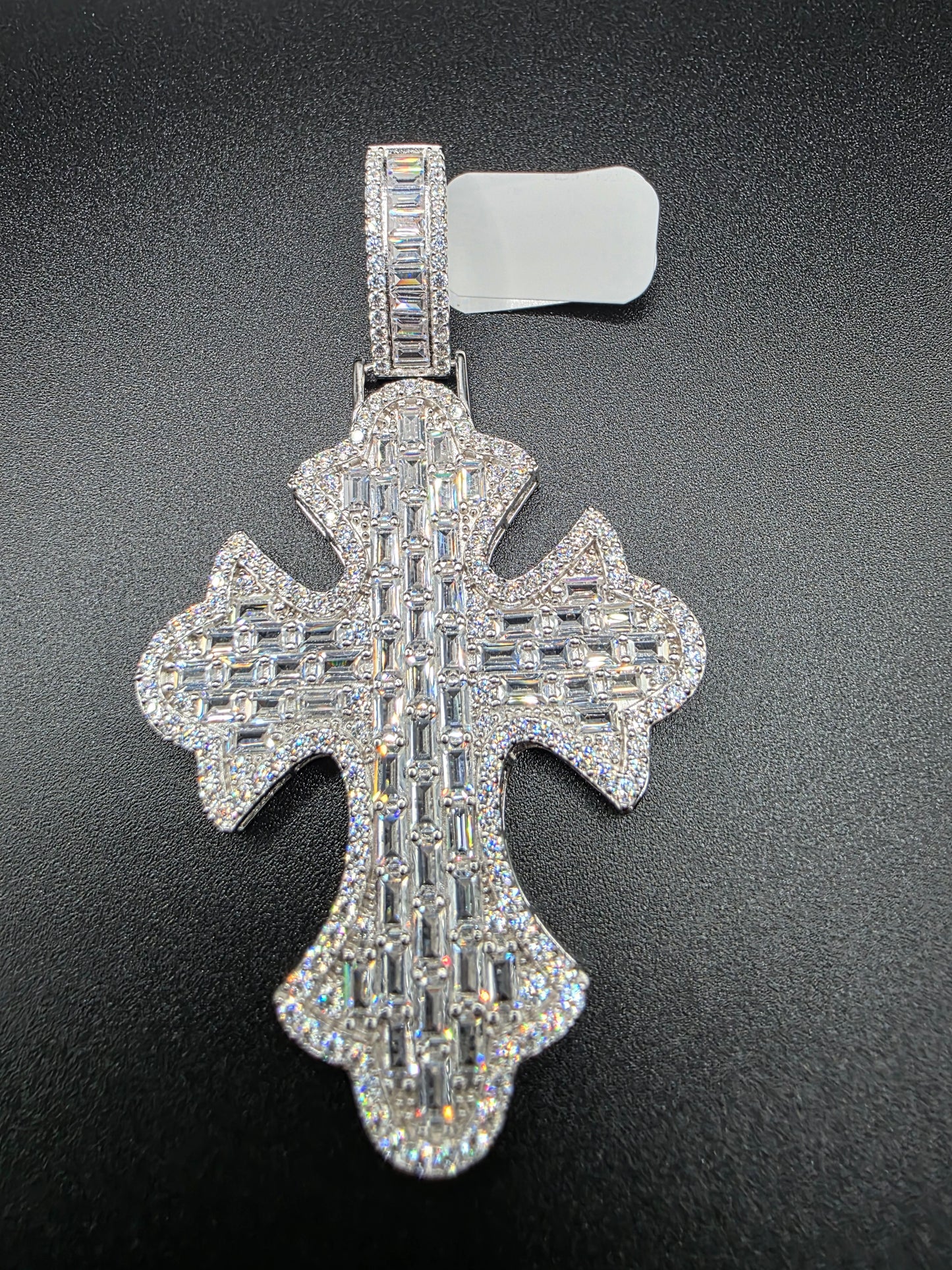 925 Sterling Silver 52.6mm Fleur De Lis Cross Baguette Cut Clear CZ Pendant..