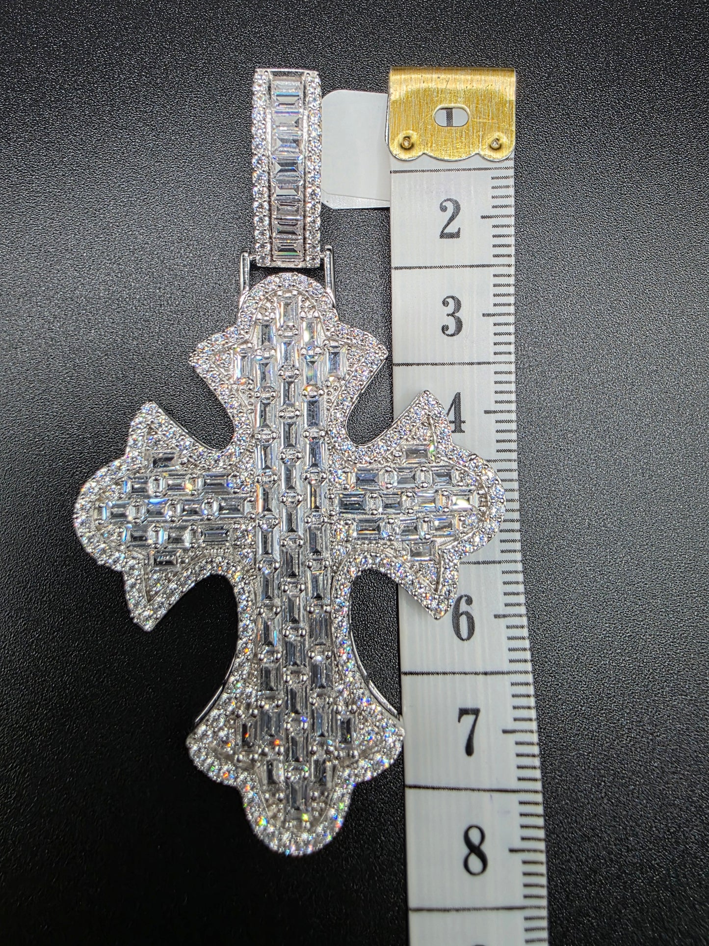 925 Sterling Silver 52.6mm Fleur De Lis Cross Baguette Cut Clear CZ Pendant..