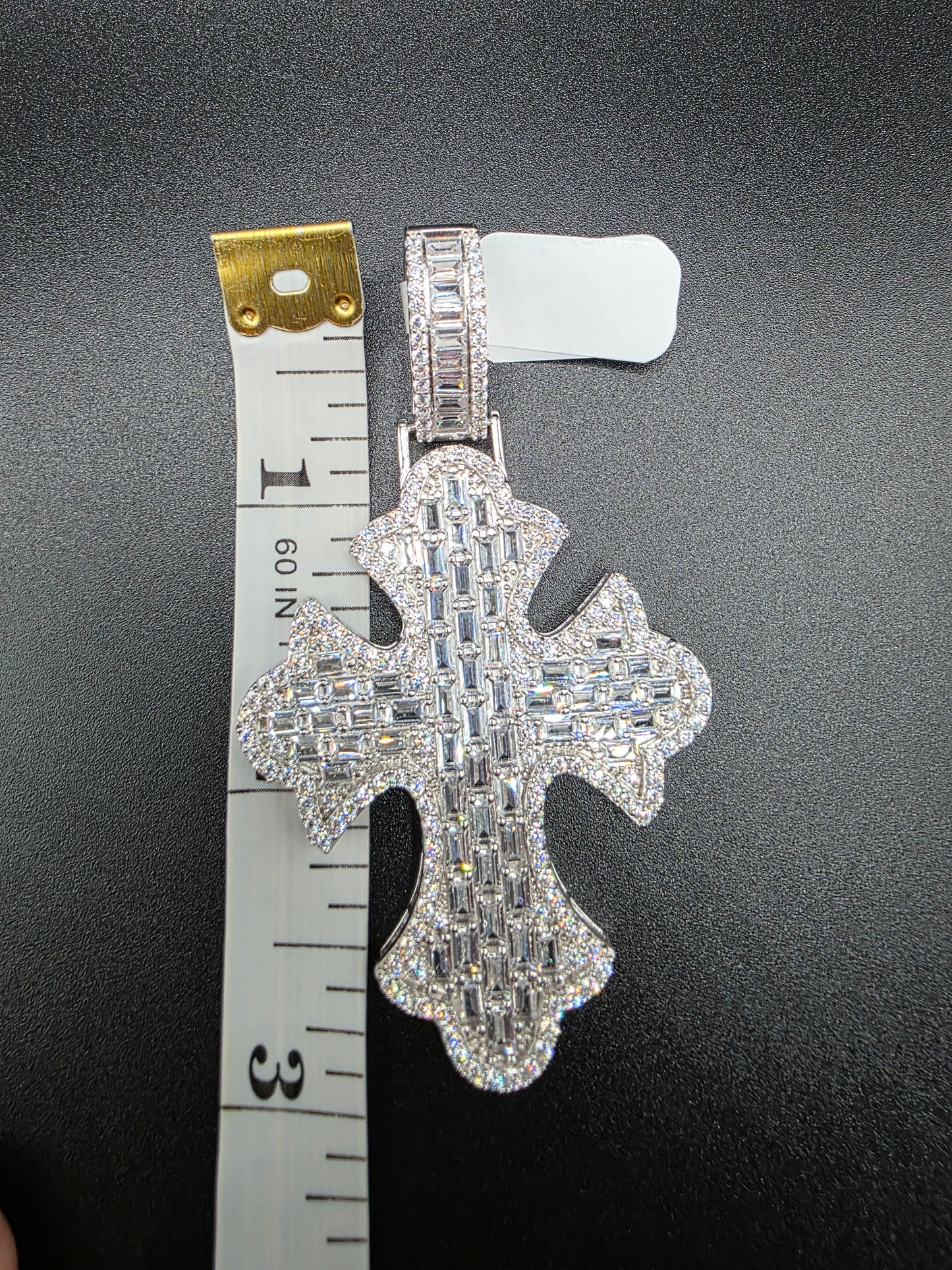 925 Sterling Silver 52.6mm Fleur De Lis Cross Baguette Cut Clear CZ Pendant..