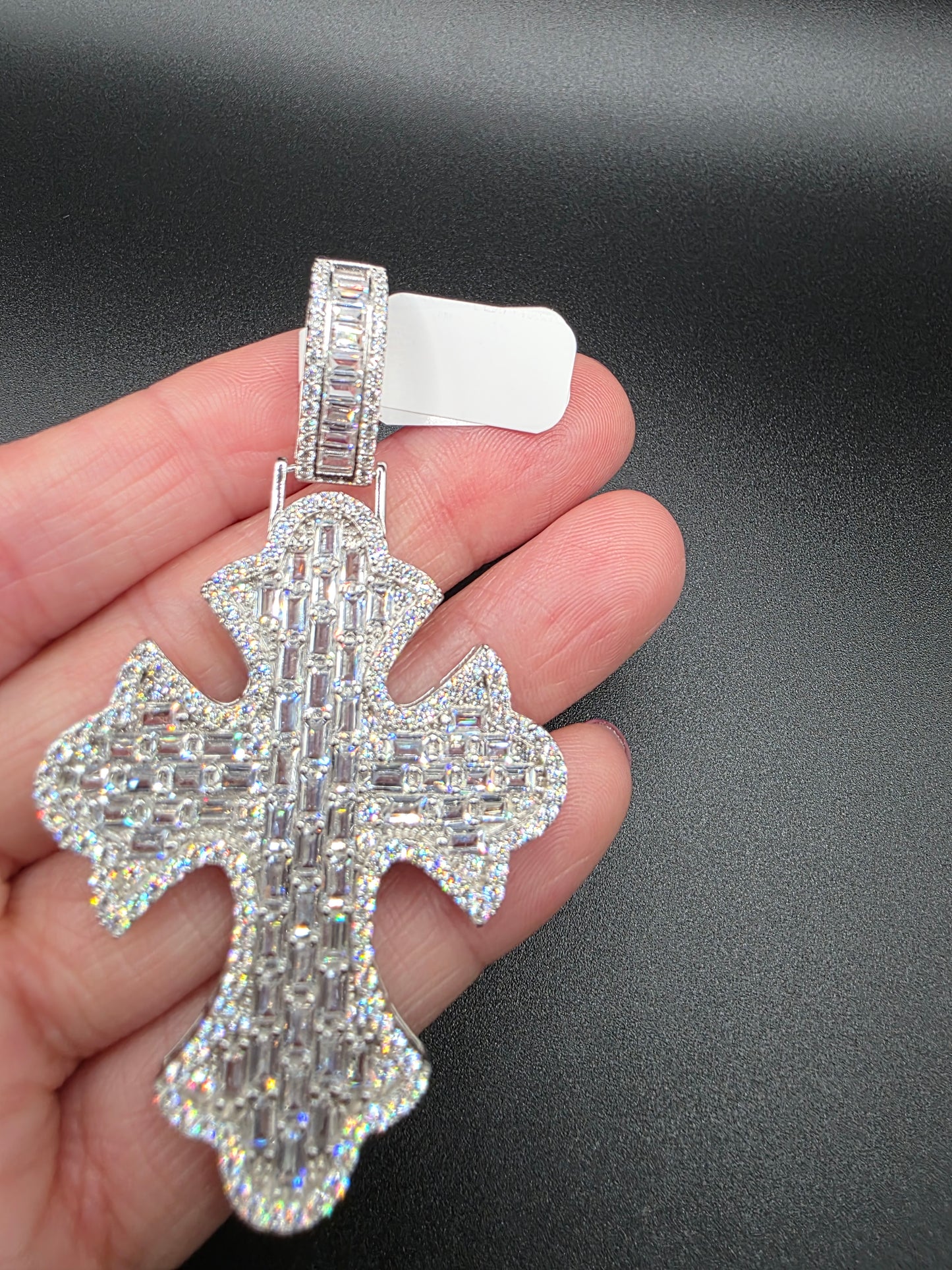 925 Sterling Silver 52.6mm Fleur De Lis Cross Baguette Cut Clear CZ Pendant..