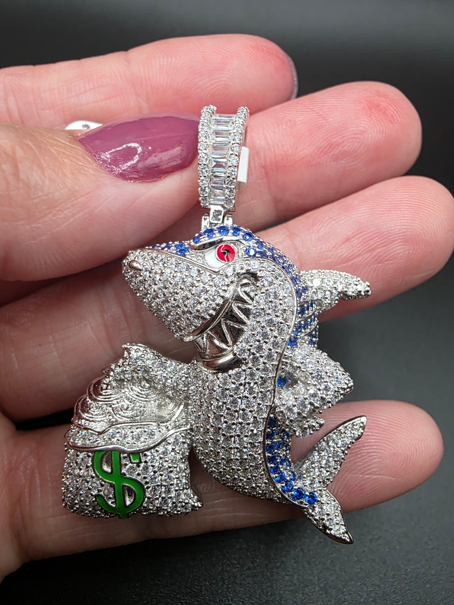 925 Sterling Silver Money Bag Shark Greed Clear and Blue CZ Pendant..