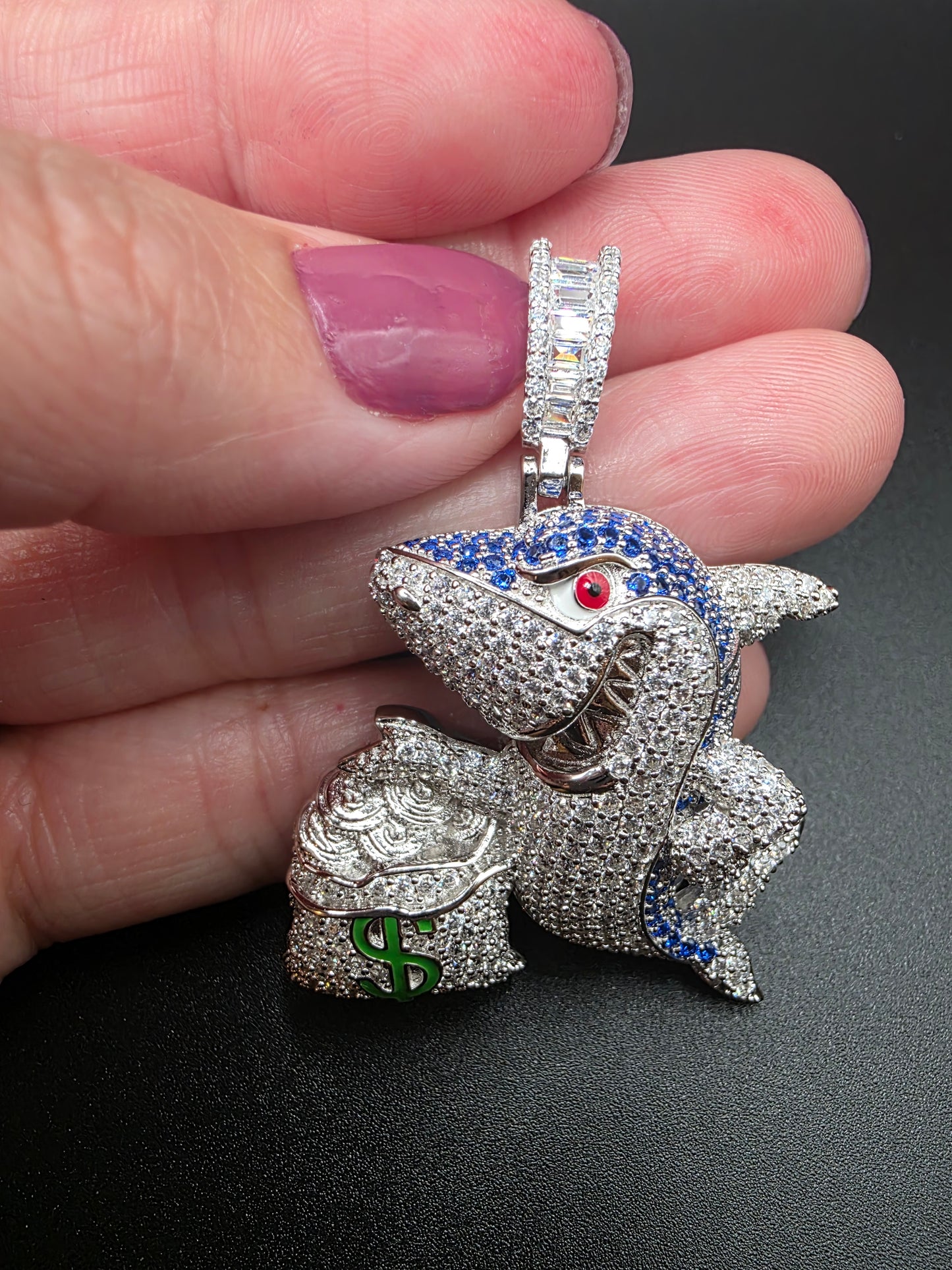 925 Sterling Silver Money Bag Shark Greed Clear and Blue CZ Pendant..