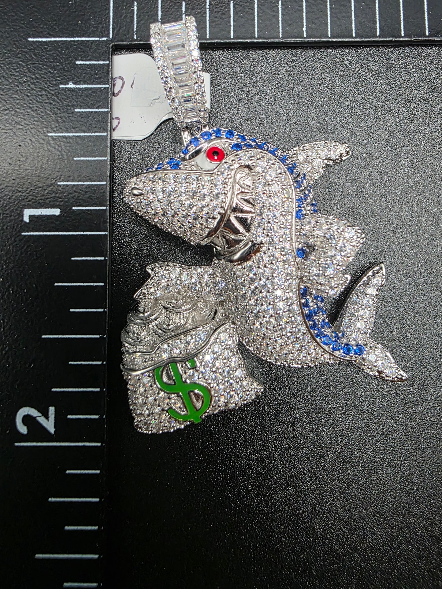 925 Sterling Silver Money Bag Shark Greed Clear and Blue CZ Pendant..
