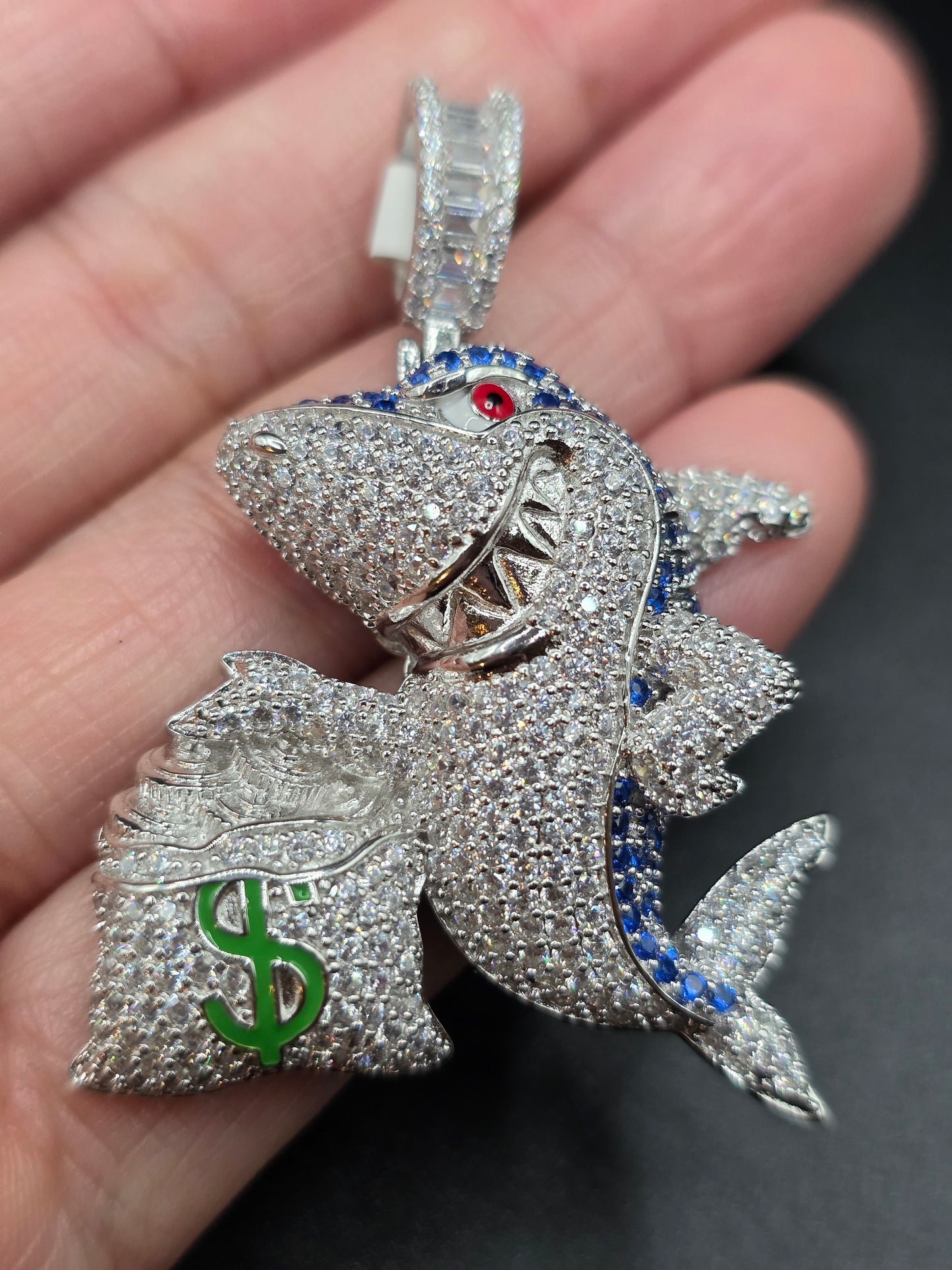 925 Sterling Silver Money Bag Shark Greed Clear and Blue CZ Pendant..