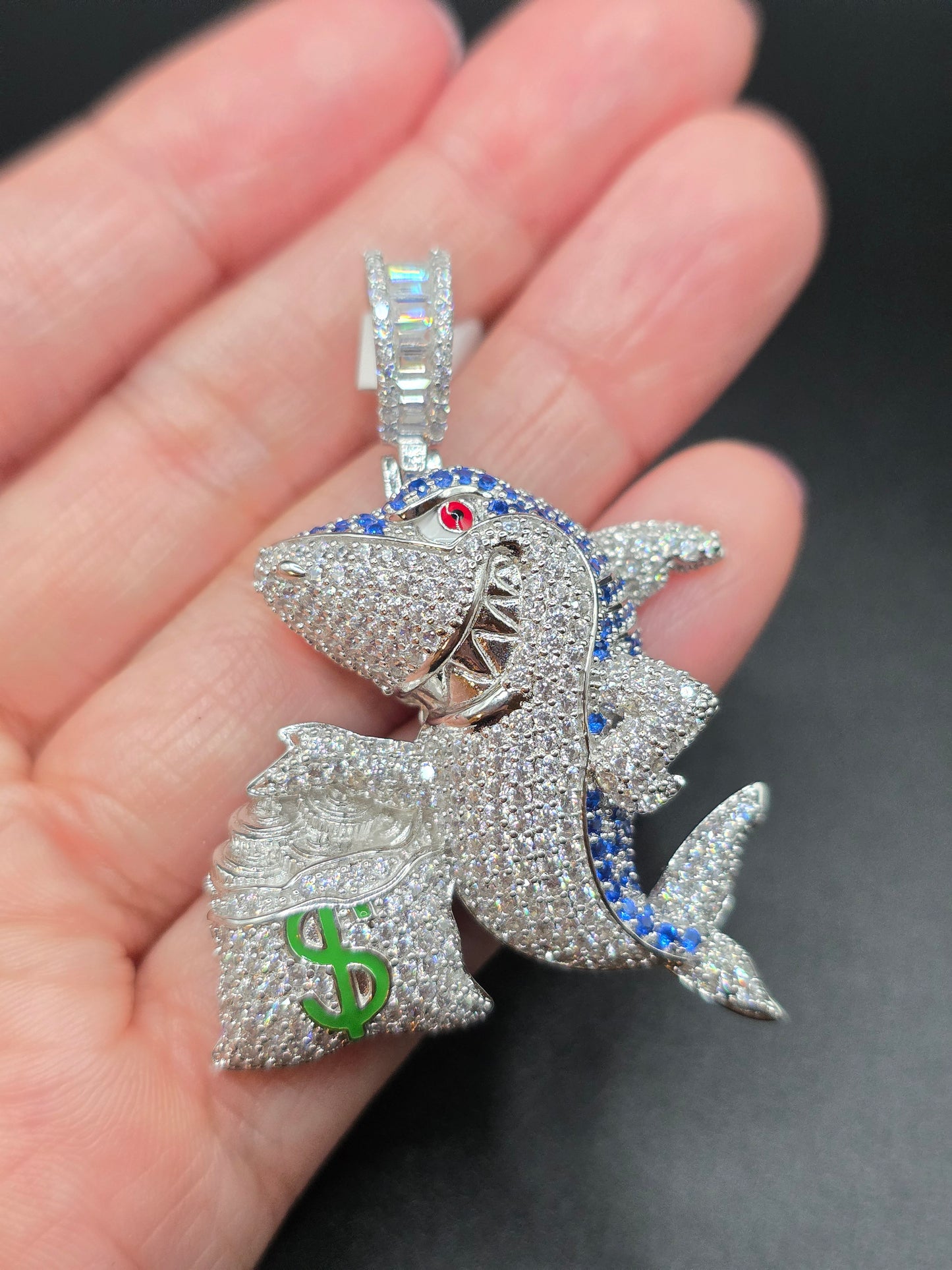 925 Sterling Silver Money Bag Shark Greed Clear and Blue CZ Pendant..