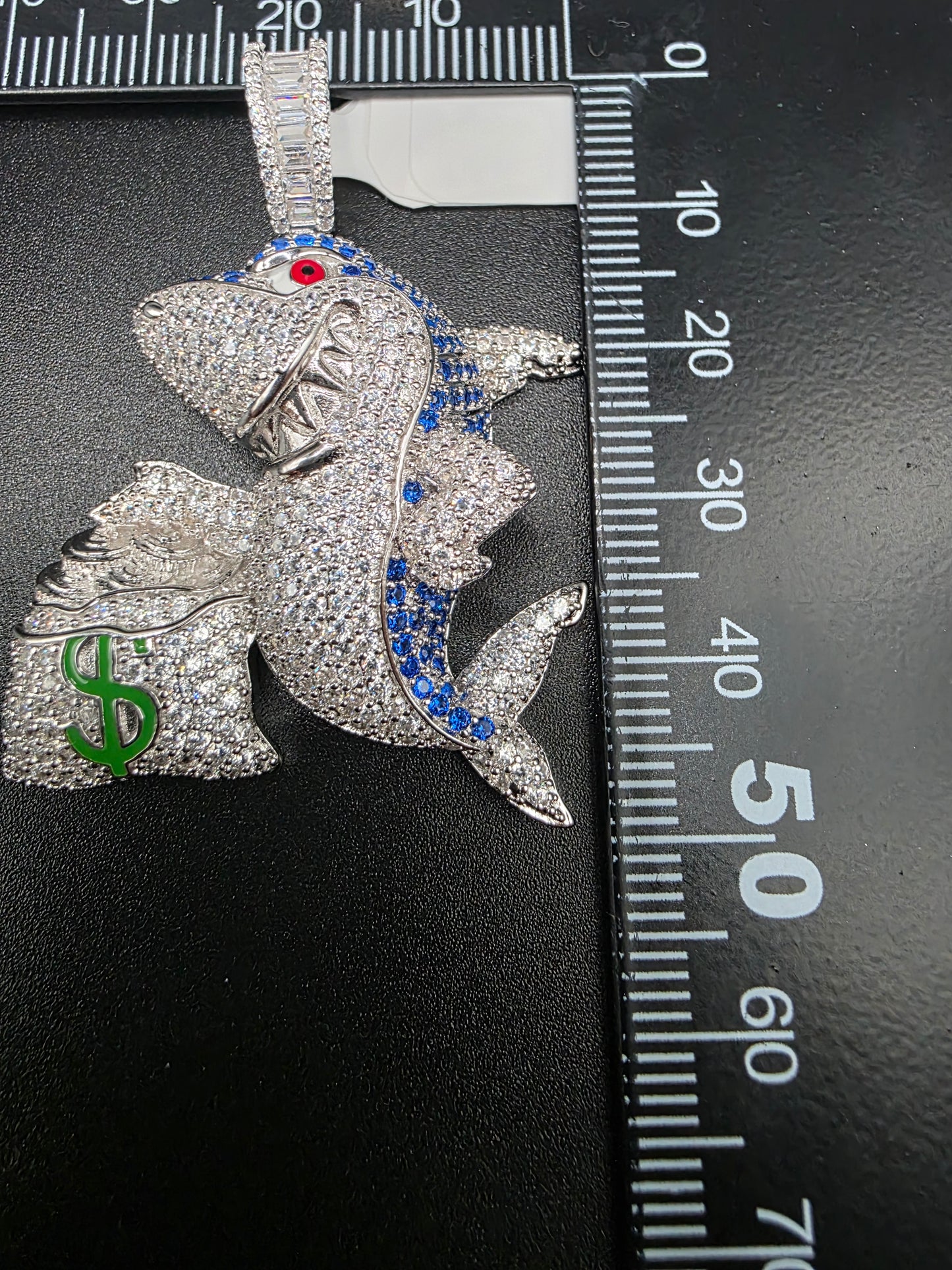 925 Sterling Silver Money Bag Shark Greed Clear and Blue CZ Pendant..