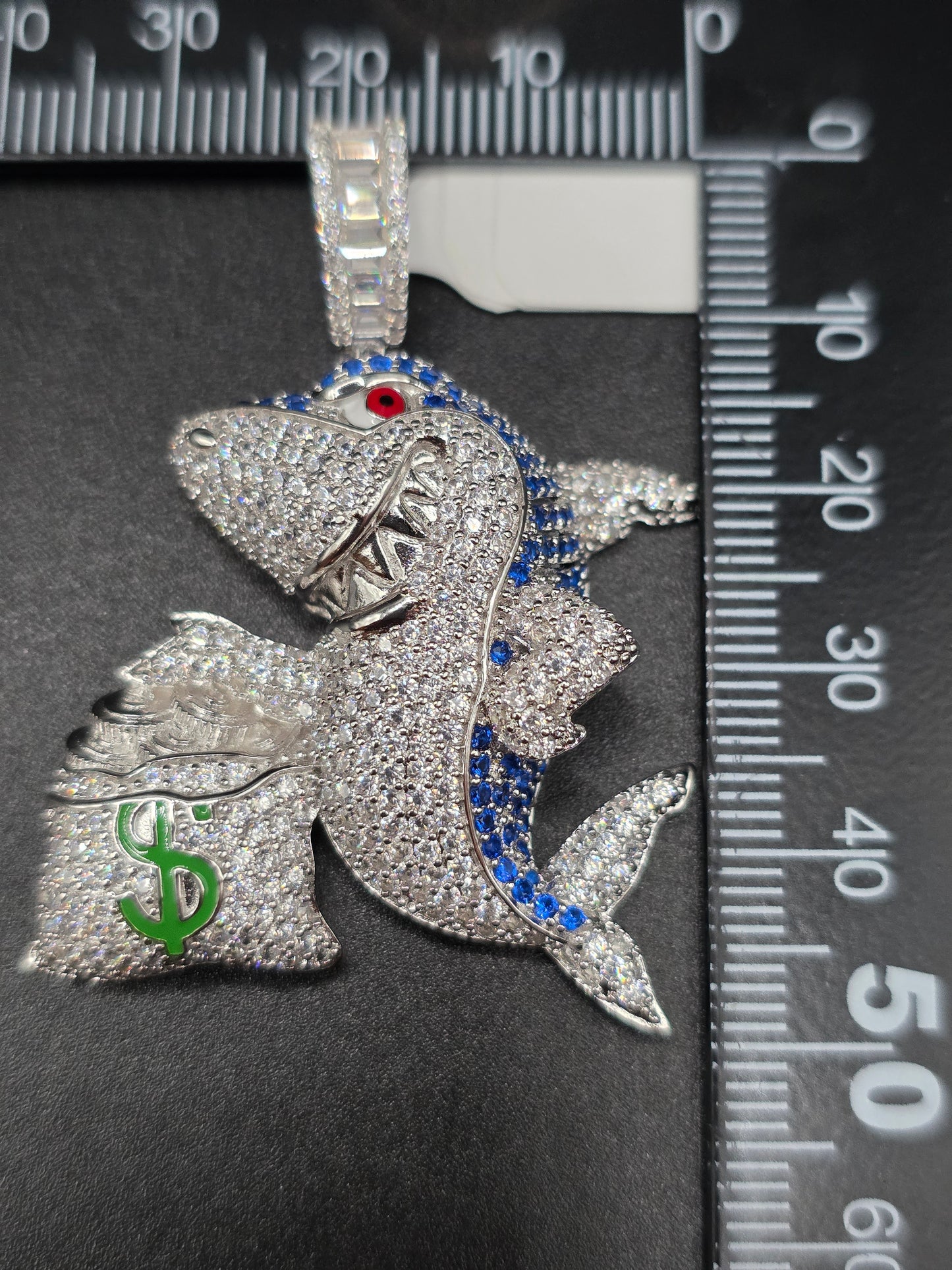 925 Sterling Silver Money Bag Shark Greed Clear and Blue CZ Pendant..