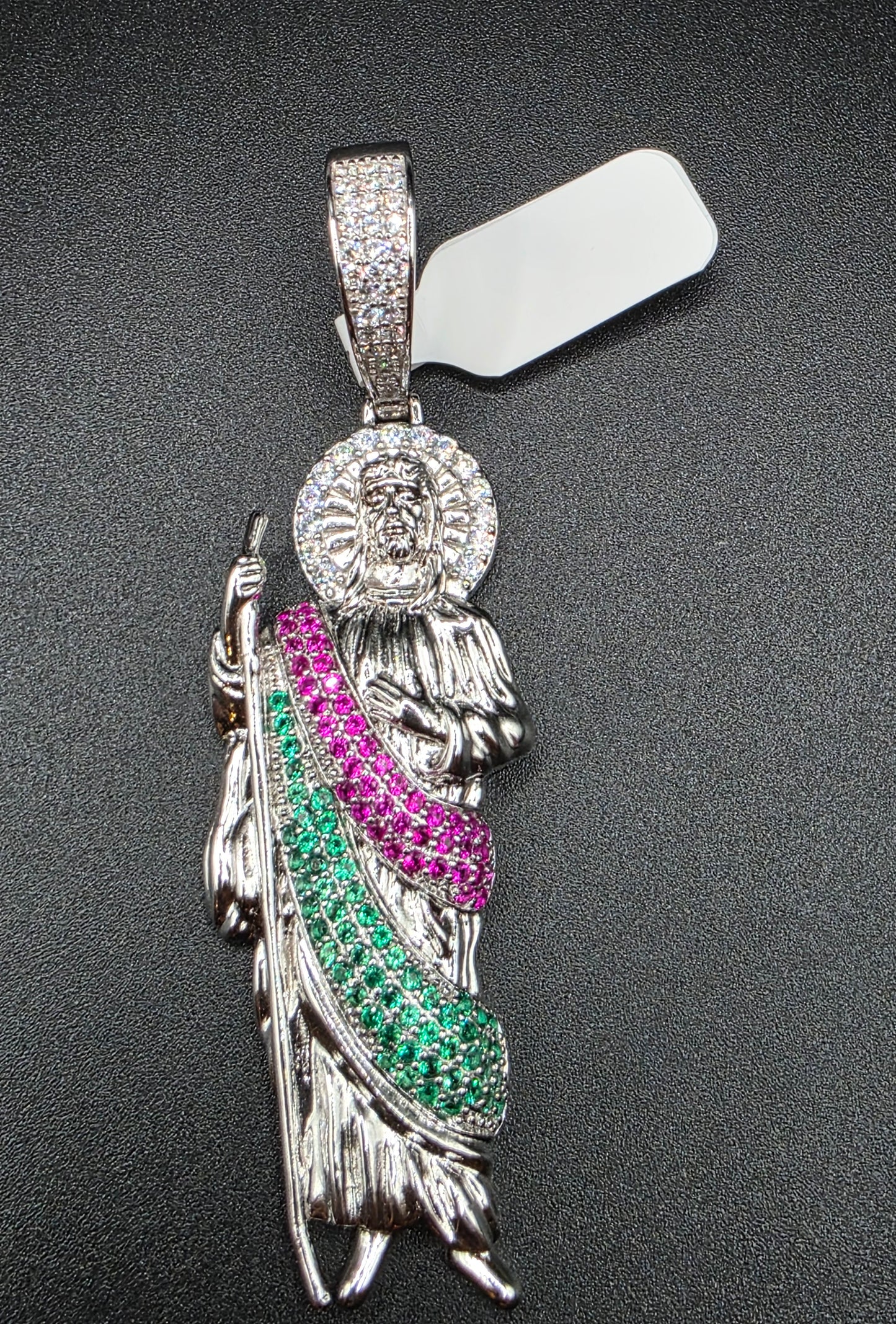 925 Sterling Silver Multi Color CZ St Jude Hip Hop Pendant..