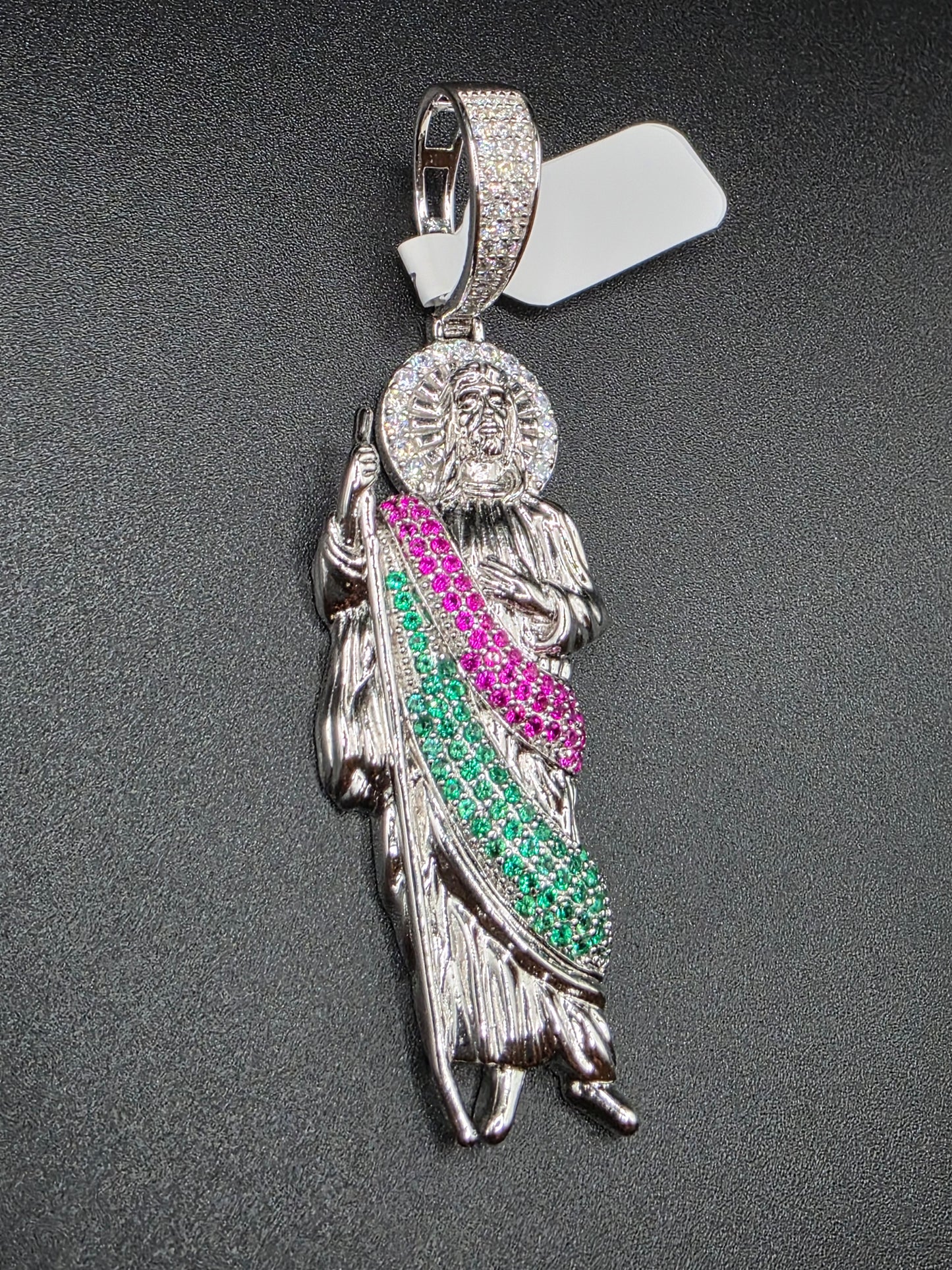 925 Sterling Silver Multi Color CZ St Jude Hip Hop Pendant..