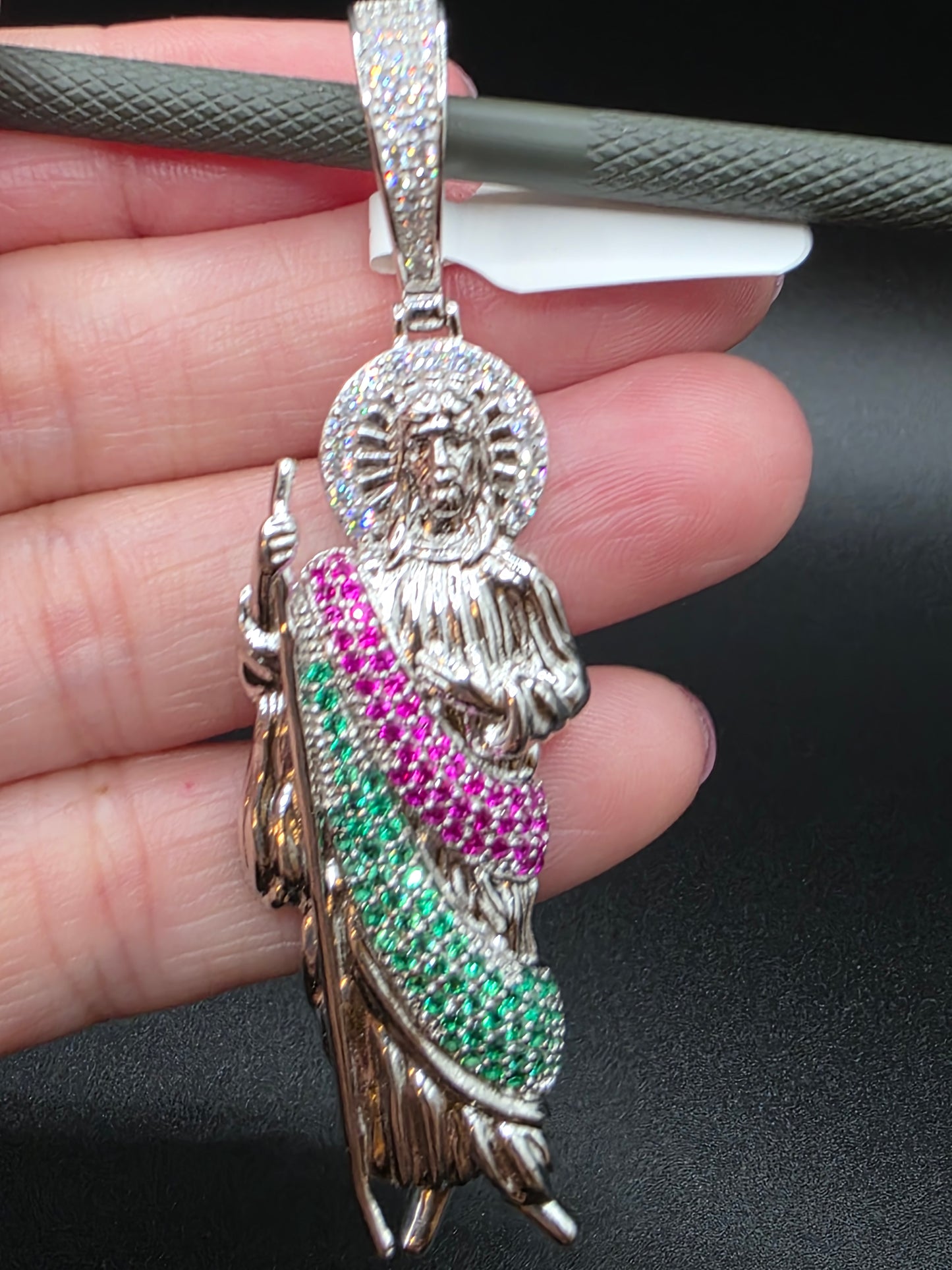 925 Sterling Silver Multi Color CZ St Jude Hip Hop Pendant..