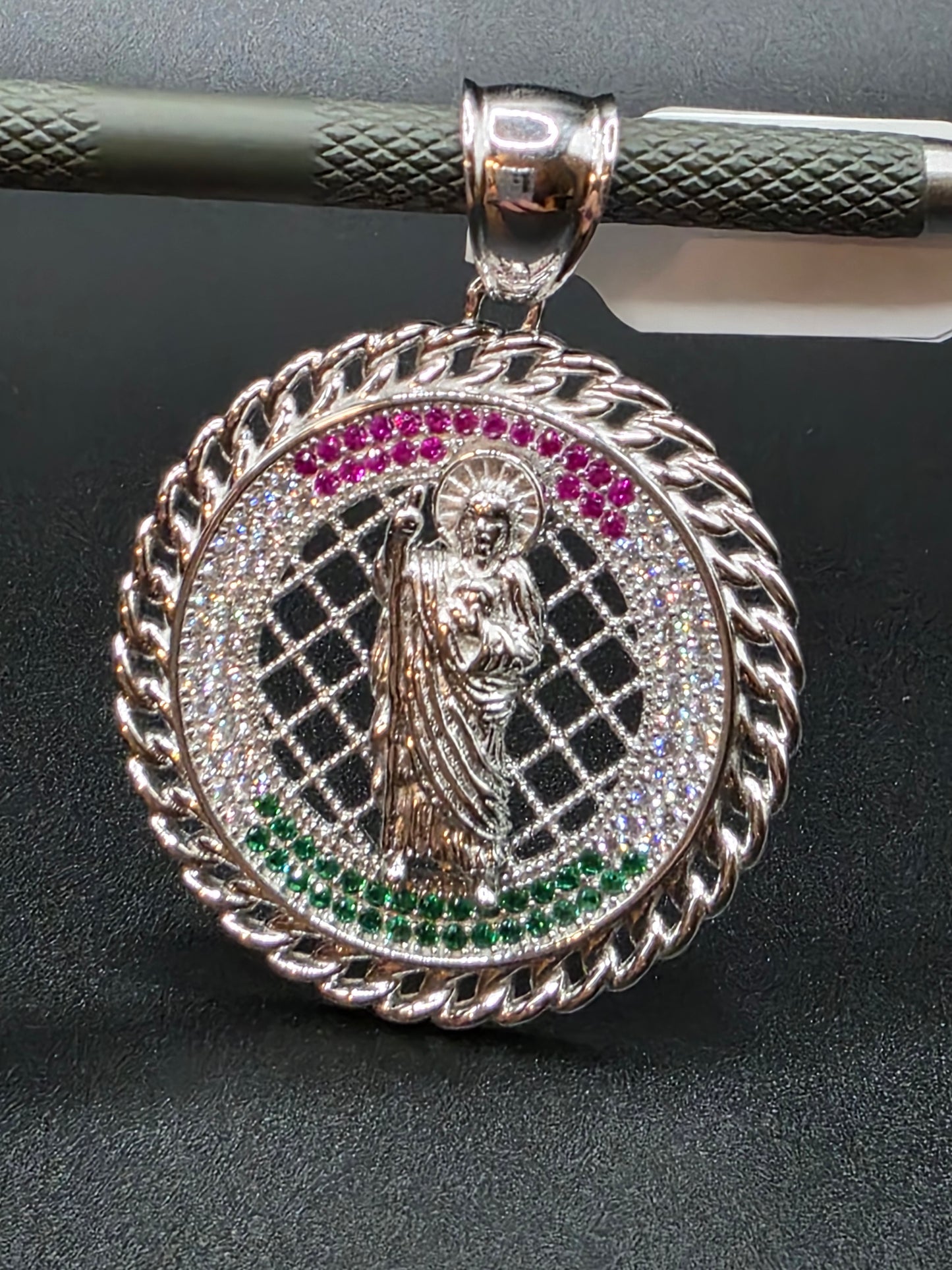 925 Sterling Silver Saint Jude Clear Green and Red CZ 35mm Pendant..