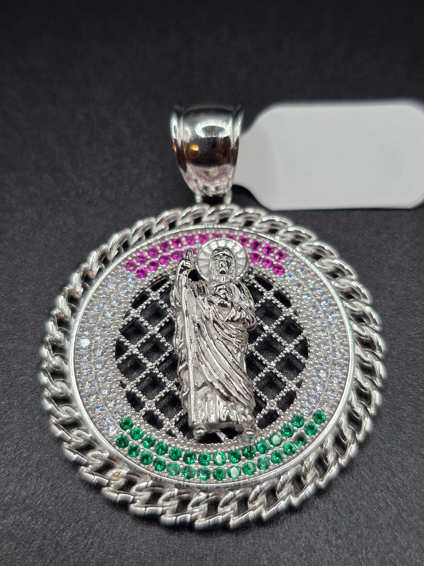 925 Sterling Silver Saint Jude Clear Green and Red CZ 35mm Pendant..