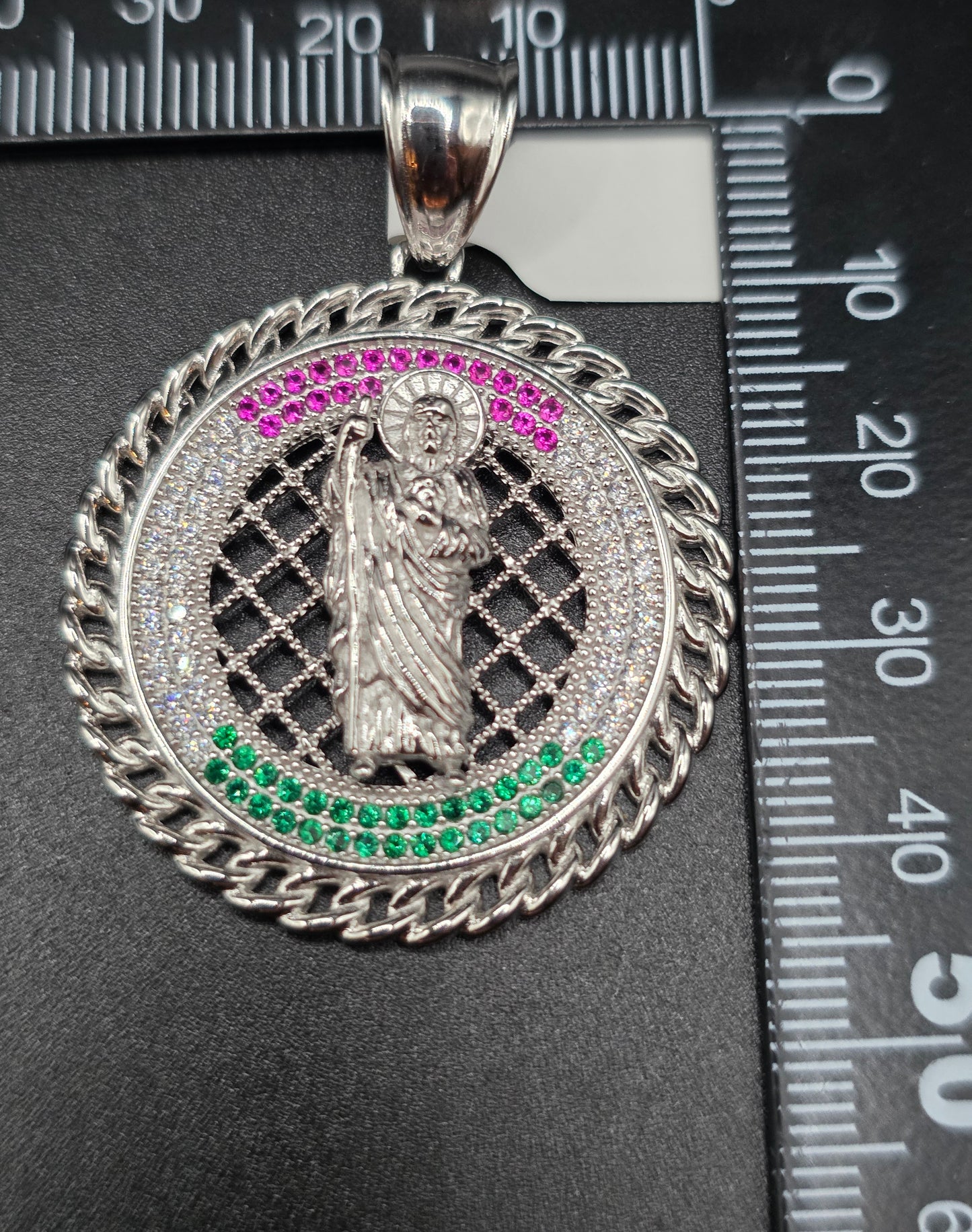 925 Sterling Silver Saint Jude Clear Green and Red CZ 35mm Pendant..