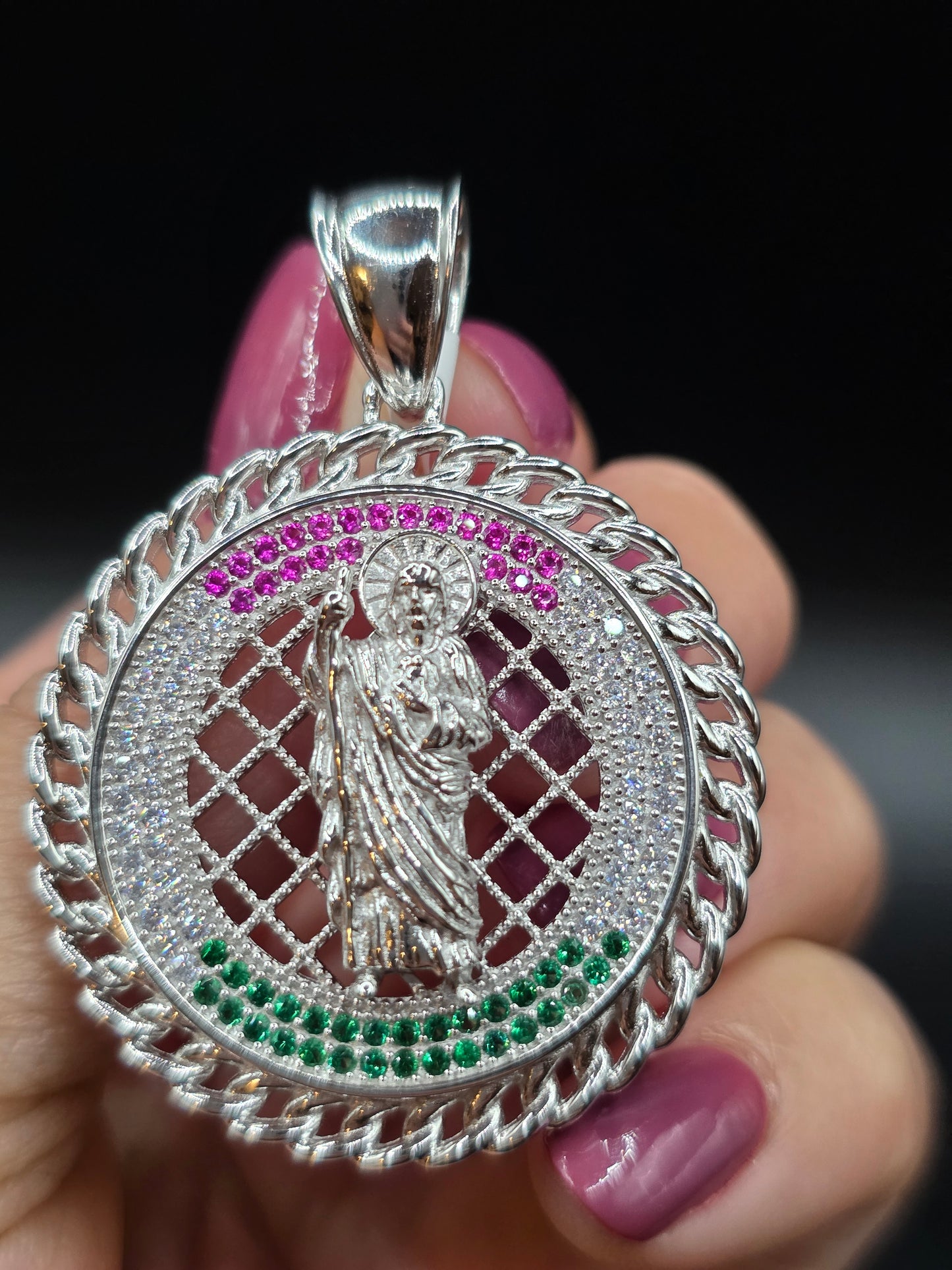 925 Sterling Silver Saint Jude Clear Green and Red CZ 35mm Pendant..