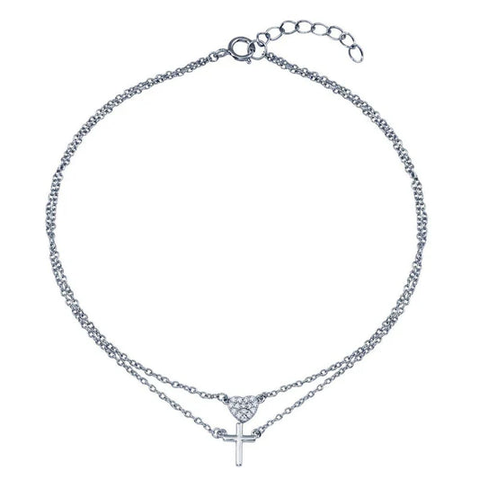 925 Sterling Silver Double Row CZ Heart Cross Anklet
