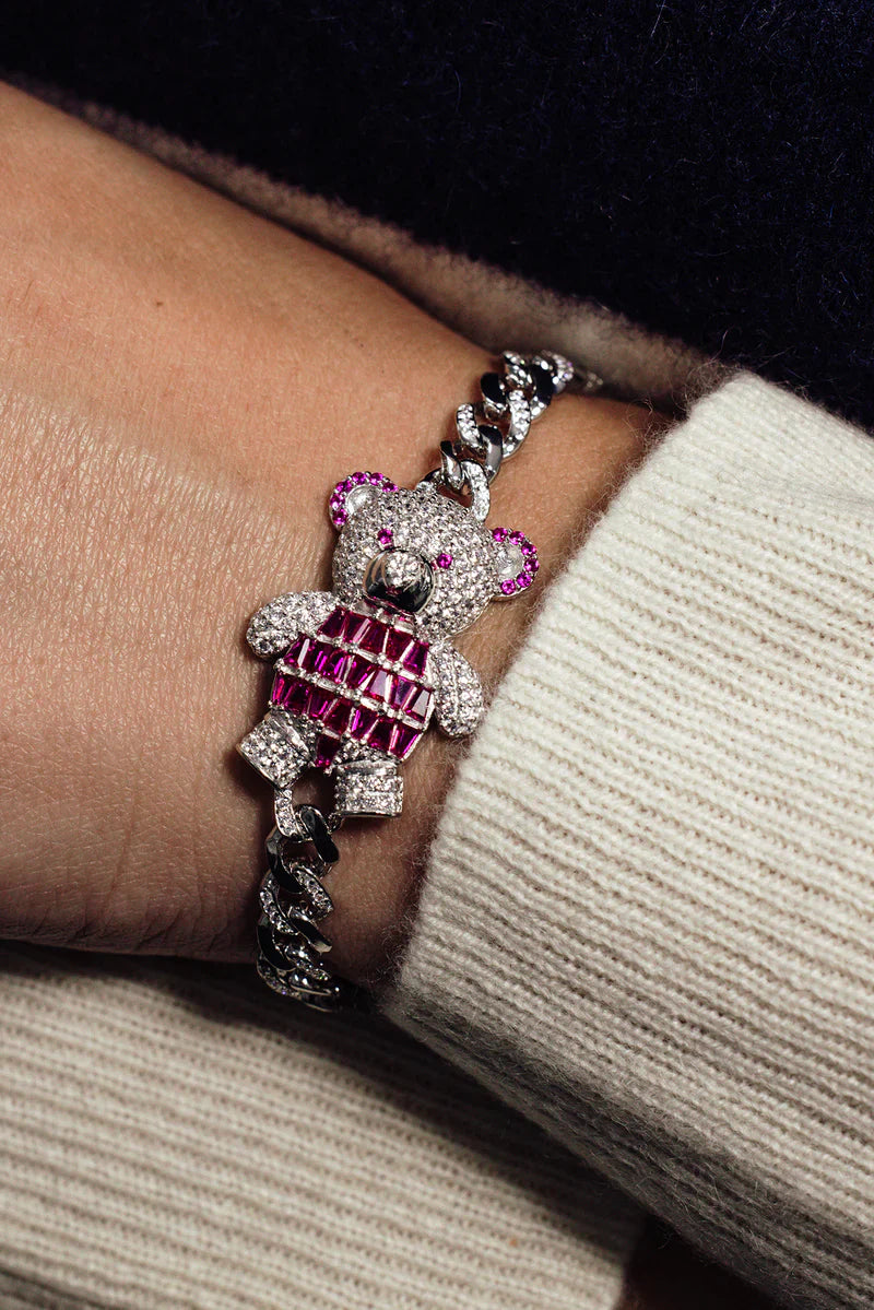 6.4MM 925 Sterling Silver Cuban Link Teddy Bear Baguette Pink and Round Clear CZ Studded Bracelet..