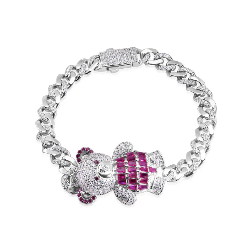 6.4MM 925 Sterling Silver Cuban Link Teddy Bear Baguette Pink and Round Clear CZ Studded Bracelet..