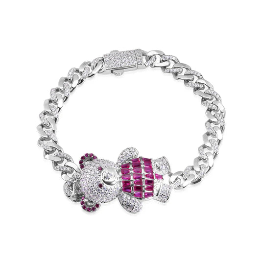 6.4MM 925 Sterling Silver Cuban Link Teddy Bear Baguette Pink and Round Clear CZ Studded Bracelet..