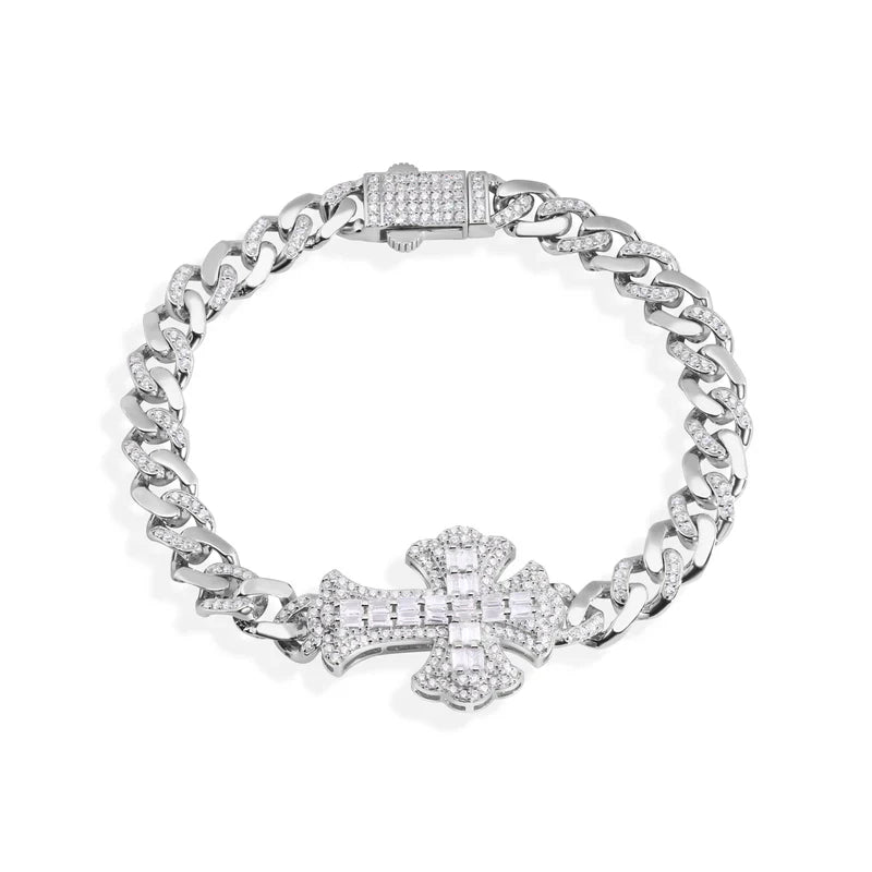 6.7MM 925 Sterling Silver Fleur De Lis Cross Baguette and Round Clear CZ Studded Bracelet