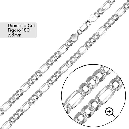 925 Sterling Silver Diamond Cut Figaro Bracelet 7.8mm..