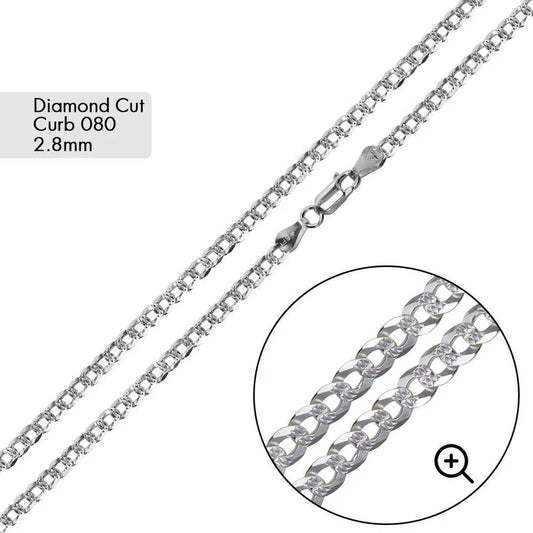2.8MM 925 Sterling Silver Curb 1 Side Diamond Cut 1 Side Plain Chain