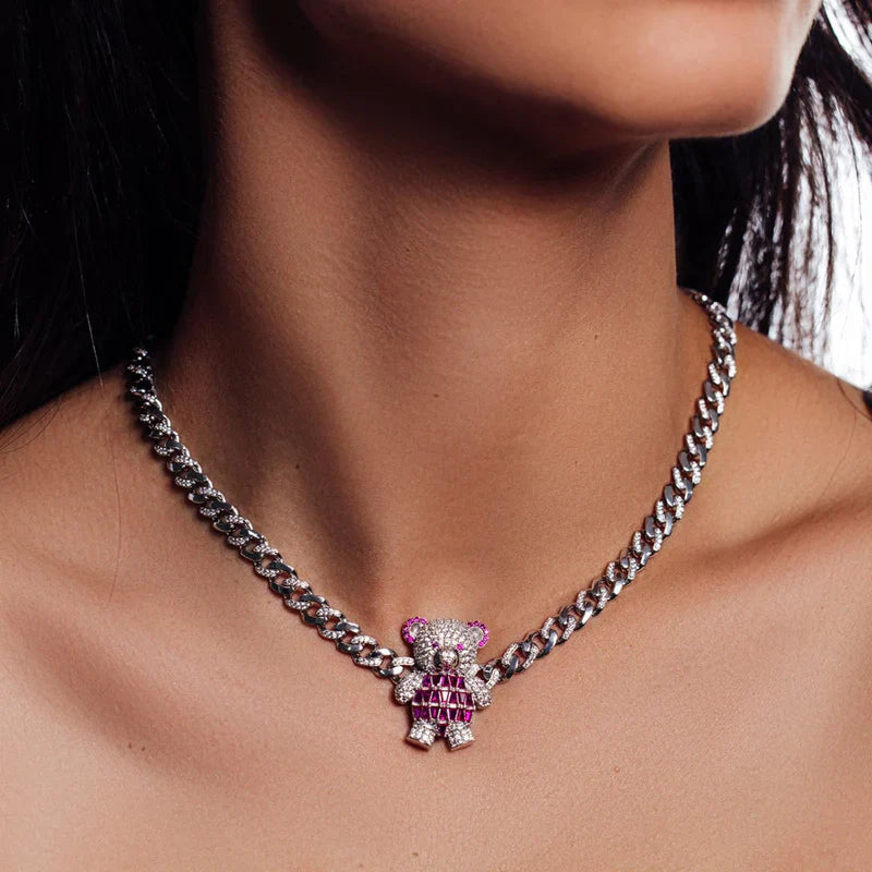 7MM 925 Sterling Silver Teddy Bear Baguette Pink and Clear CZ Encrusted Miami Cuban Link Chain..