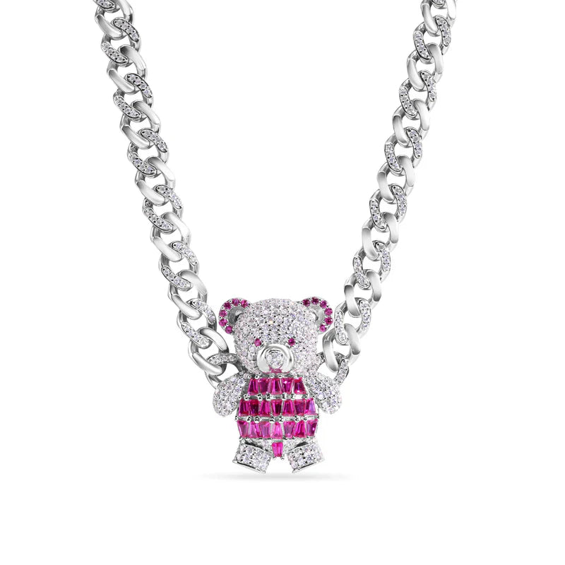 7MM 925 Sterling Silver Teddy Bear Baguette Pink and Clear CZ Encrusted Miami Cuban Link Chain..