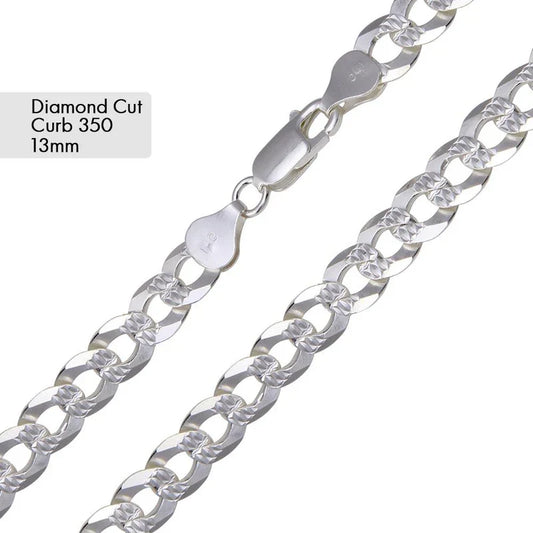 13MM 925 Sterling Silver 1 Side Diamond Cut 1 Side Plain Chain..